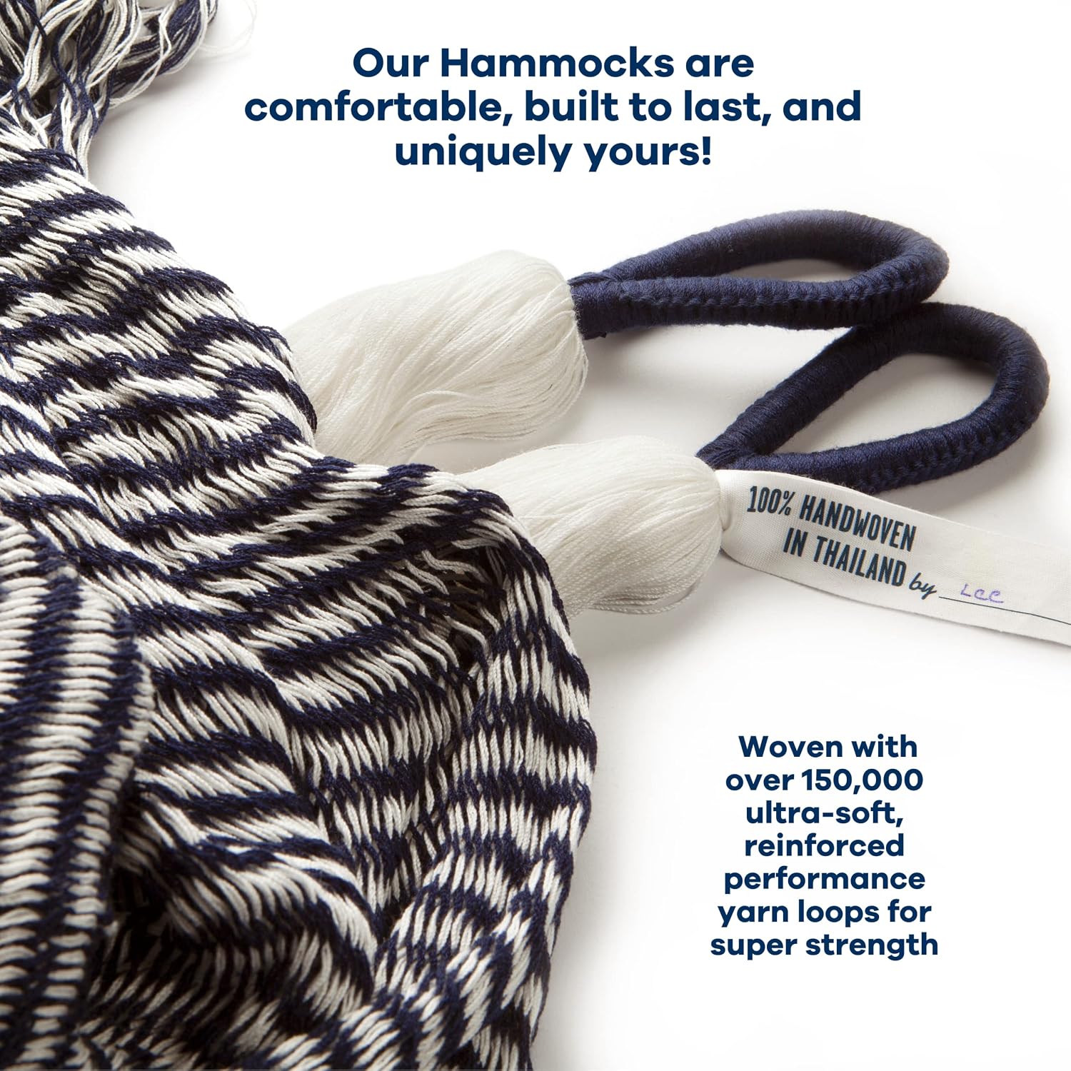 Handwoven Hanging Chair by Yellow Leaf Hammocks - Fits 1 Person, 330lb Max - Kick Back for Full-Body Recline - Weathersafe, Ultra Soft, Hang Anywhere - Color: Stripe Navy Blue - White