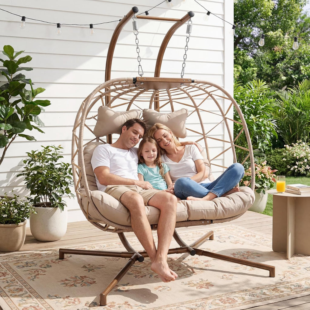 NICESOUL Double Egg Chair Outdoor Indoor, Oversized 2 Person Swing with Stand, All-Weather Large Wicker Hanging Loveseat, Heavy Duty Patio Swinging Seat w/Cushion for Balcony, Beige