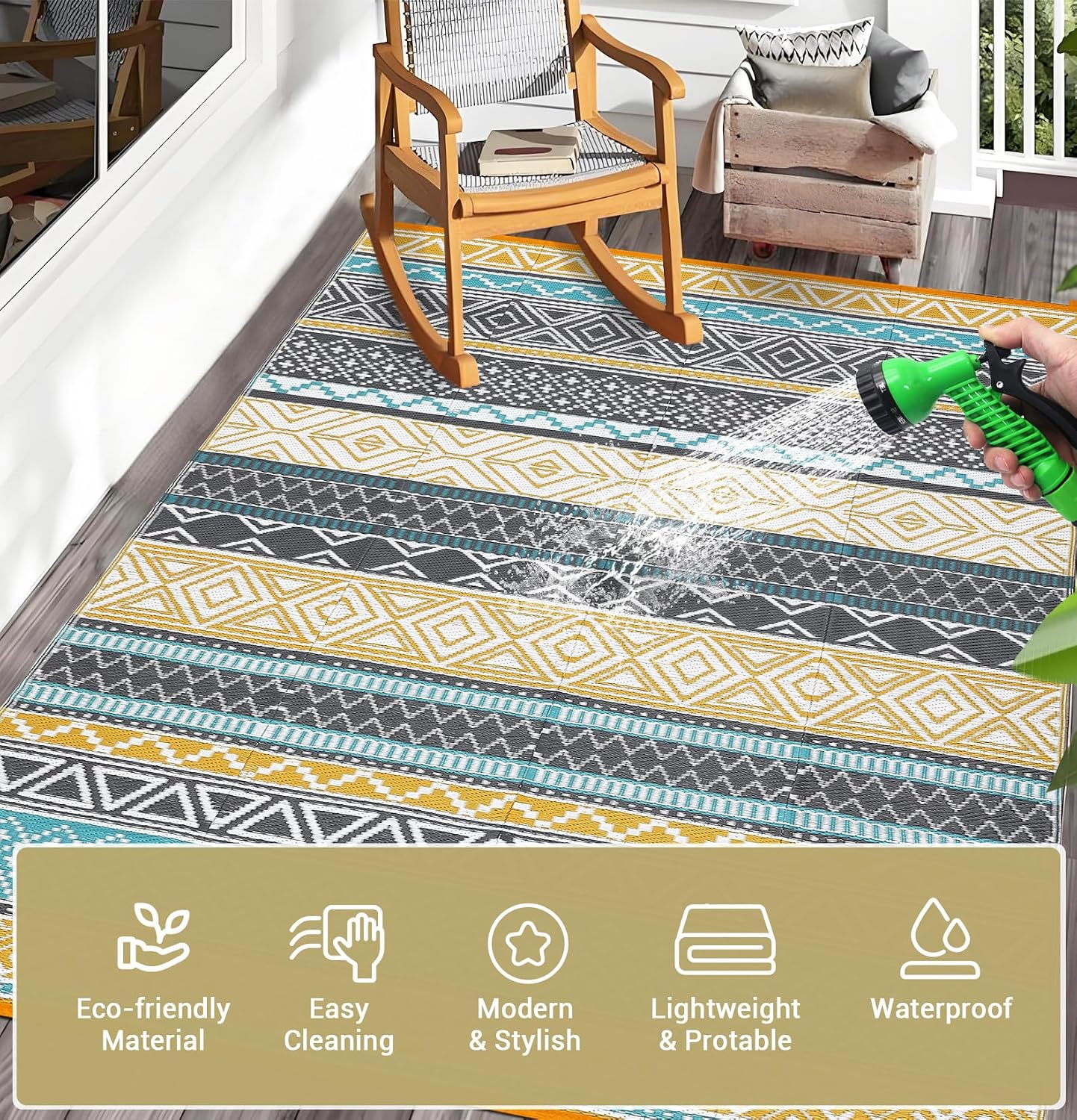 Garvee Outdoor Rug 10 ft x 20 ft Waterproof for Patios Clearance, Reversible Outdoor Plastic Straw Camping Rug Carpet, Large Rugs Mats for RV, Camper, Deck, Balcony, Porch, Beach, Picnic,Yellow & Gray