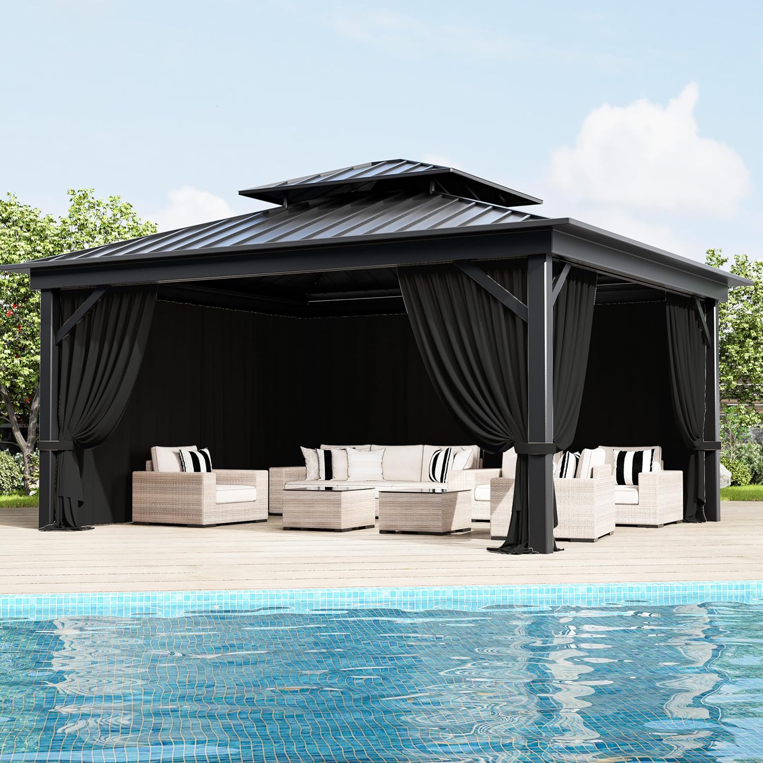 Outdoor Gazebo Curtain Replacement Universal 4-Panel Sidewalls 12' X 14',Outdoor Patio Waterproof Privacy Curtain with Double Zipper for Patio,Garden, and Backyard (Curtain Only)