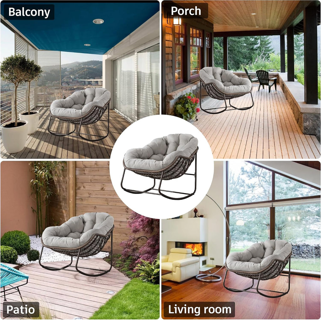 Large Indoor Outdoor Rocking Chair, Oversized Rocking Papasan Chair with Thick Cushion and Frame Outdoor Rocker, Comfy Wicker Egg Chairs Lounge for Outside Porch Patio Backyard (Beige, Set of 2)
