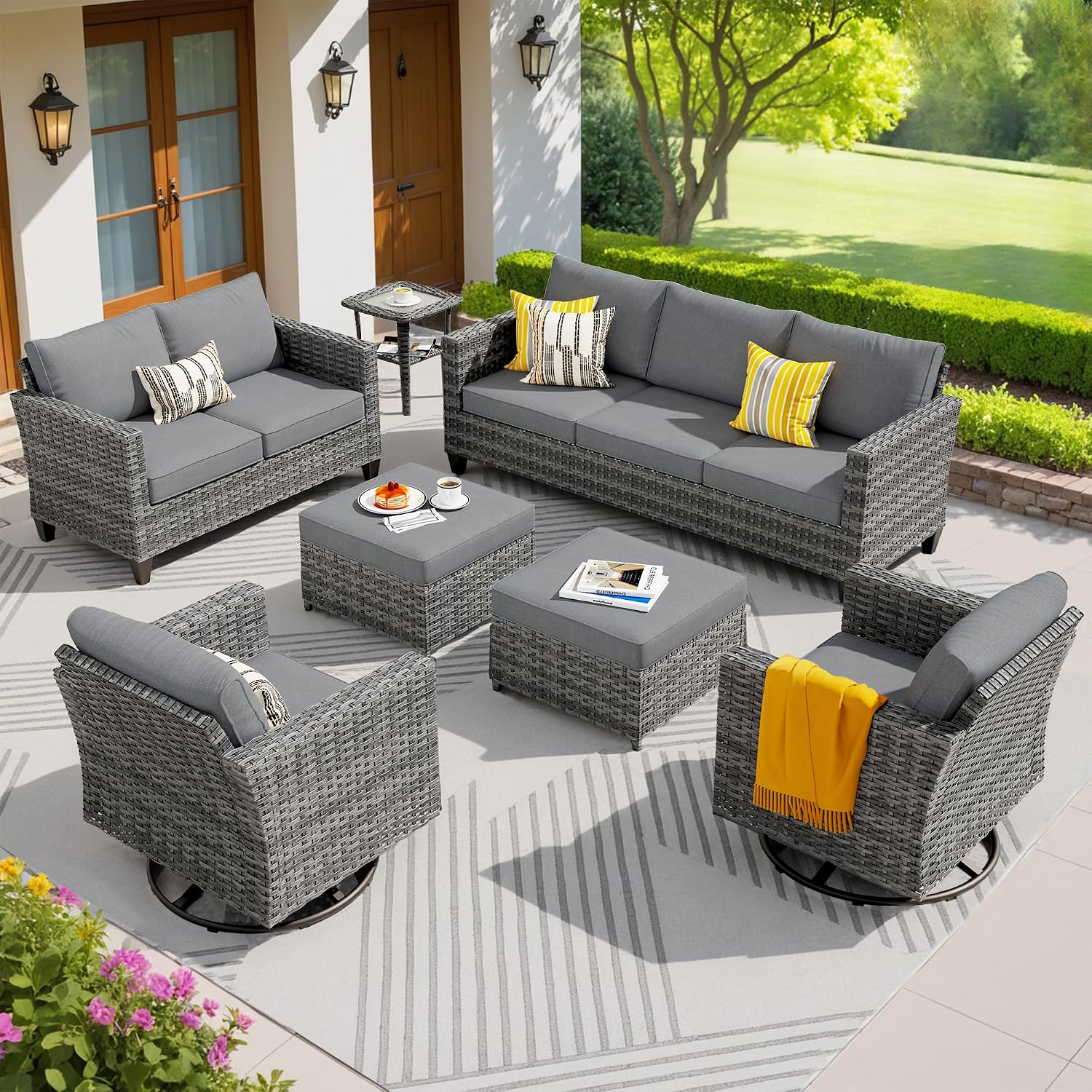 ovios 7-Pieces Patio Furniture Set, Outdoor Wicker Sofa Couch with Swivel Glider Chairs Loveseat Comfy Cushions Modern Conversation Set for Backyard Porch, Dark Grey