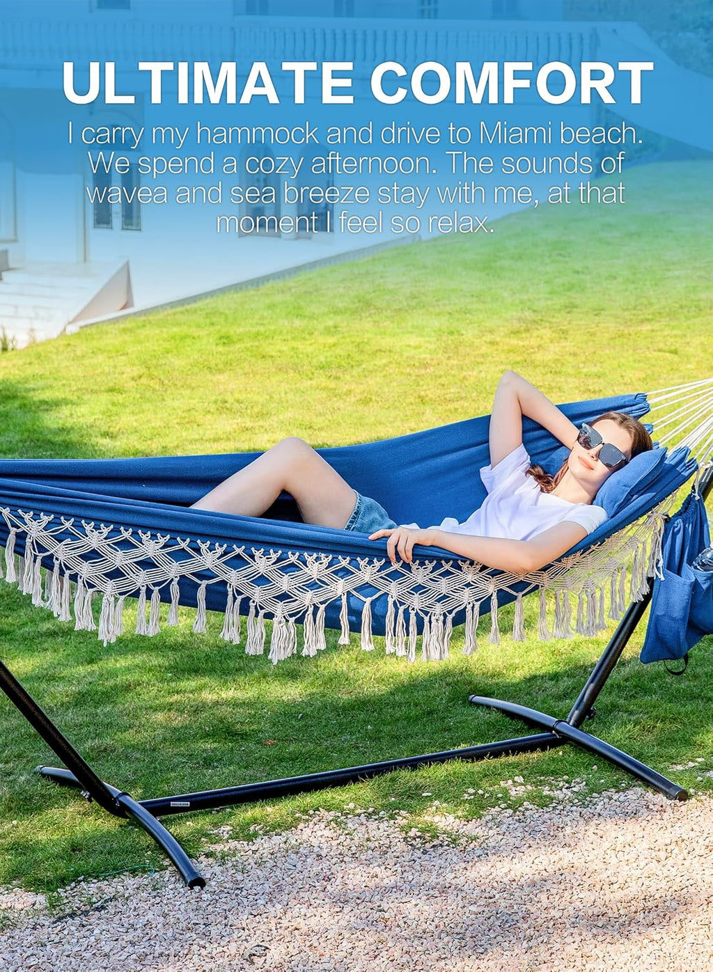 PNAEUT Handmade Tassel Hammocks, Double Hammock with Stand for Outside Indoor Outdoor, Max 450 lbs Capacity, Pillow & Storage Bag (Navy)
