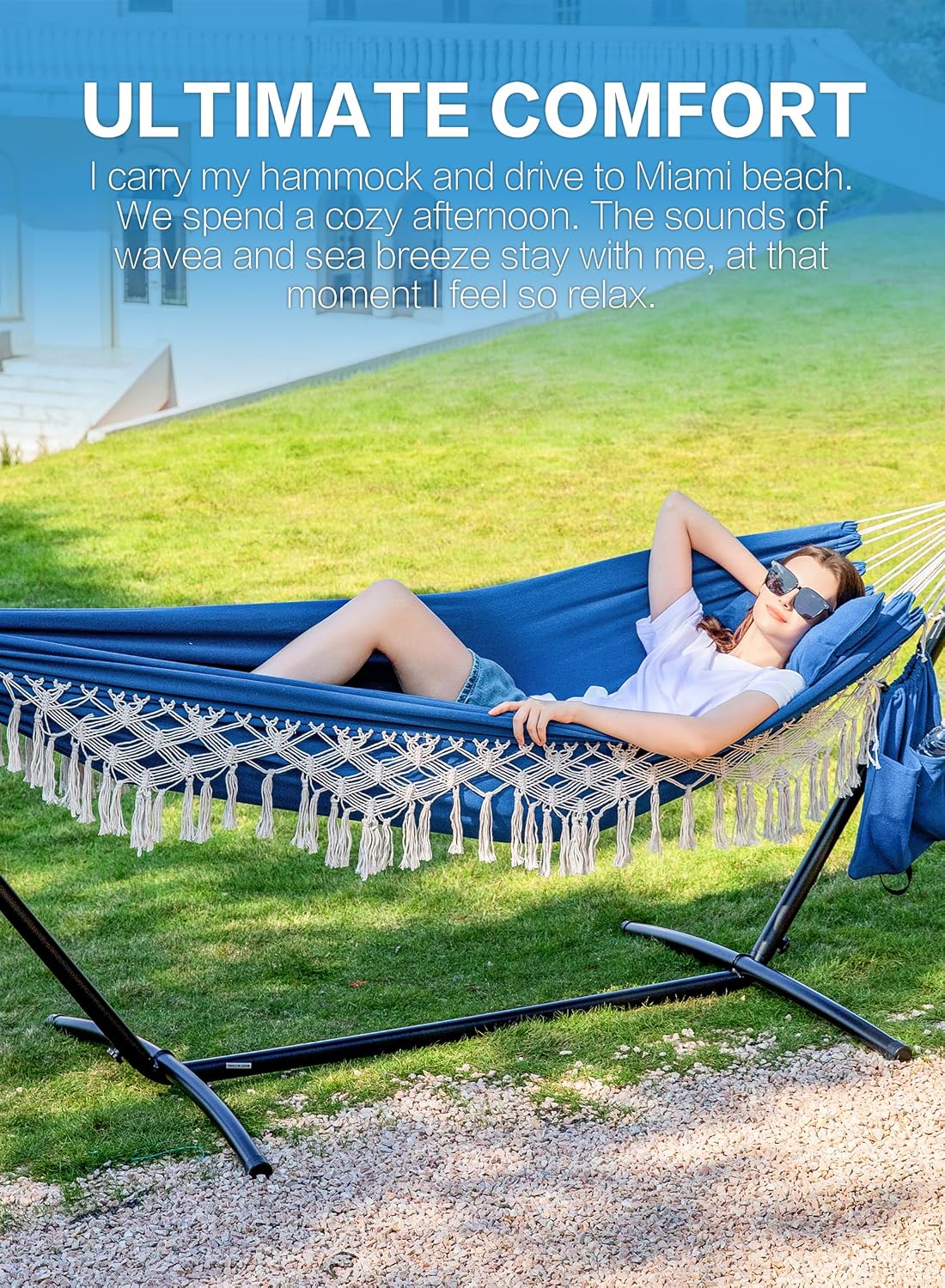 PNAEUT Handmade Tassel Hammocks, Double Hammock with Stand for Outside Indoor Outdoor, Max 450 lbs Capacity, Pillow & Storage Bag (Navy)