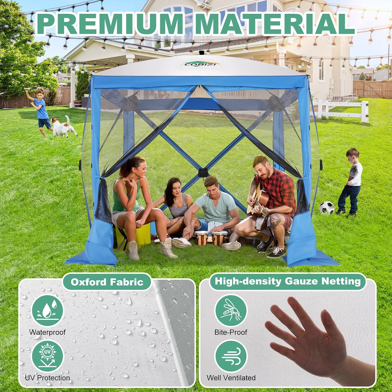 COBIZI 6x6 Pop up Gazebo Tent, Ez up Waterproof Screen Tent Screen House, Portable Outdoor Canopy Sun Shelter with Carry Bag & Ground Stakes for Camping, Garden and Picnics, Blue(Upgraded 2.0)