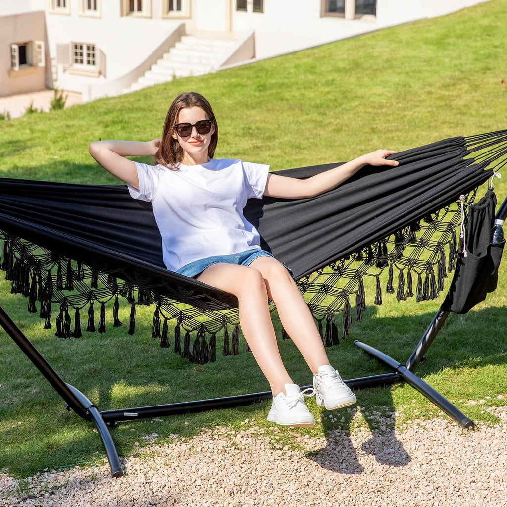 PNAEUT Handmade Tassel Hammocks, Double Hammock with Stand for Outside Indoor Outdoor, Max 450 lbs Capacity, Pillow & Storage Bag Included (Black)