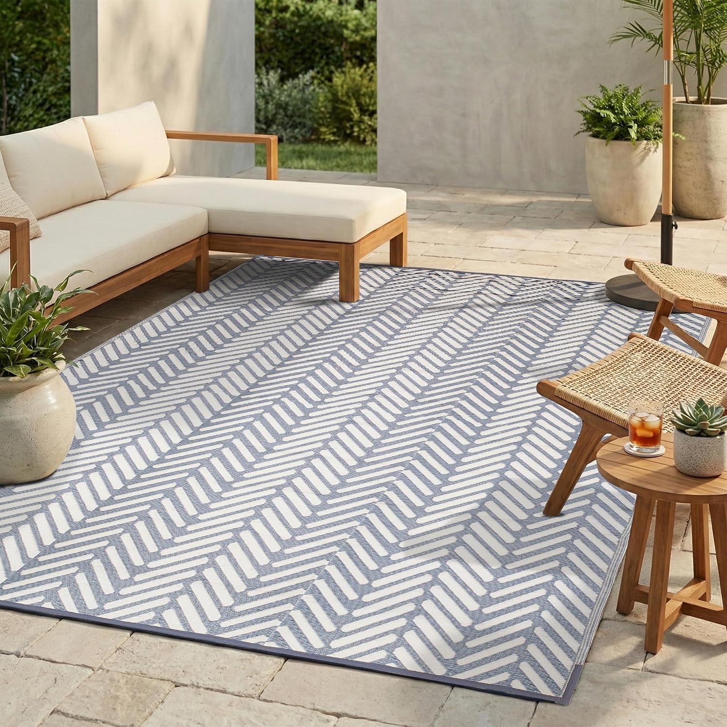 FH Home Outdoor Camping Rug - Waterproof, Fade Resistant, Reversible - Premium Recycled Plastic - Herringbone - Large Patio, Deck, Sunroom, RV - Fresno - Light Blue - 9 x 18 ft Foldable