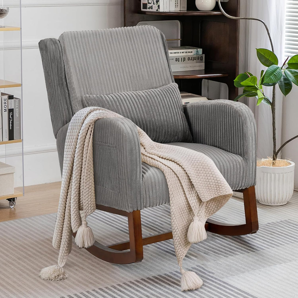 COCO DESIGN Corduroy Upholstered Rocking Chair for Nursery, Padded Seat & Back, Sturdy Wood Rockers for Living Room, Nursery, Bedroom Relaxation (Dark Grey)