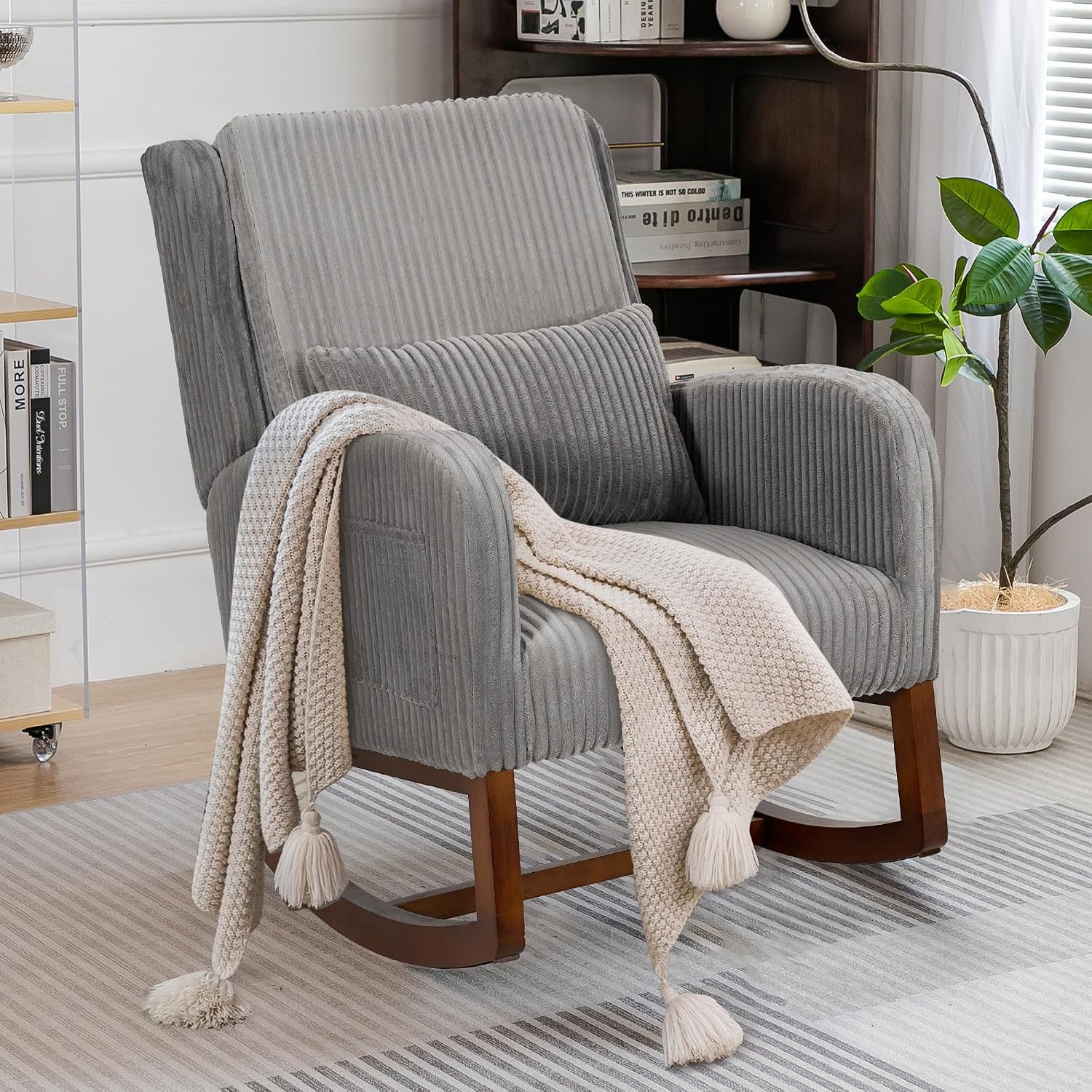 COCO DESIGN Corduroy Upholstered Rocking Chair for Nursery, Padded Seat & Back, Sturdy Wood Rockers for Living Room, Nursery, Bedroom Relaxation (Dark Grey)