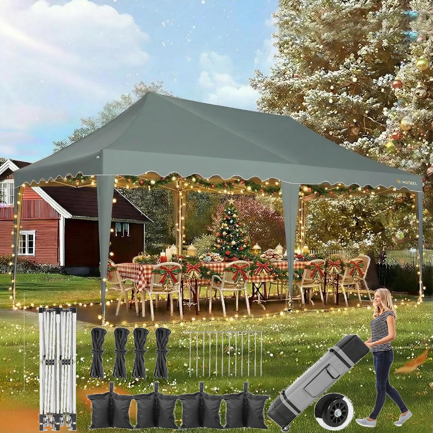 HOTEEL 10x20 Pop up Canopy Tent Without Sidewall Easy Up Commercial Outdoor Wedding Party Tents for Parties All Season Wind & Waterproof Gazebo Roller Bag, Gray