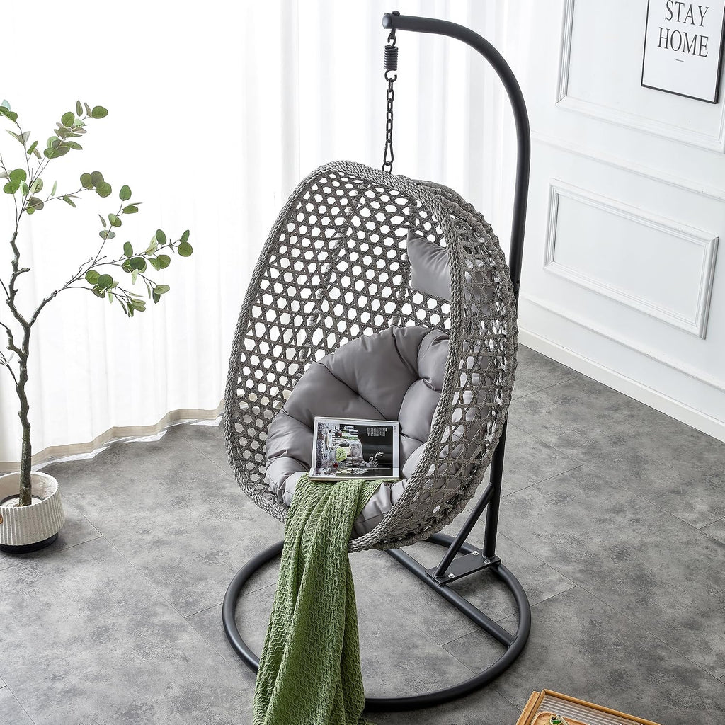 Egg Swing Chair Outdoor with Stand, Swinging Chair Outdoor,Hanging Egg Chairs with Cushion and Pillow, Foldable Basket and Metal Stand for Porch, Patio, Bedroom, Balcony (Grey)