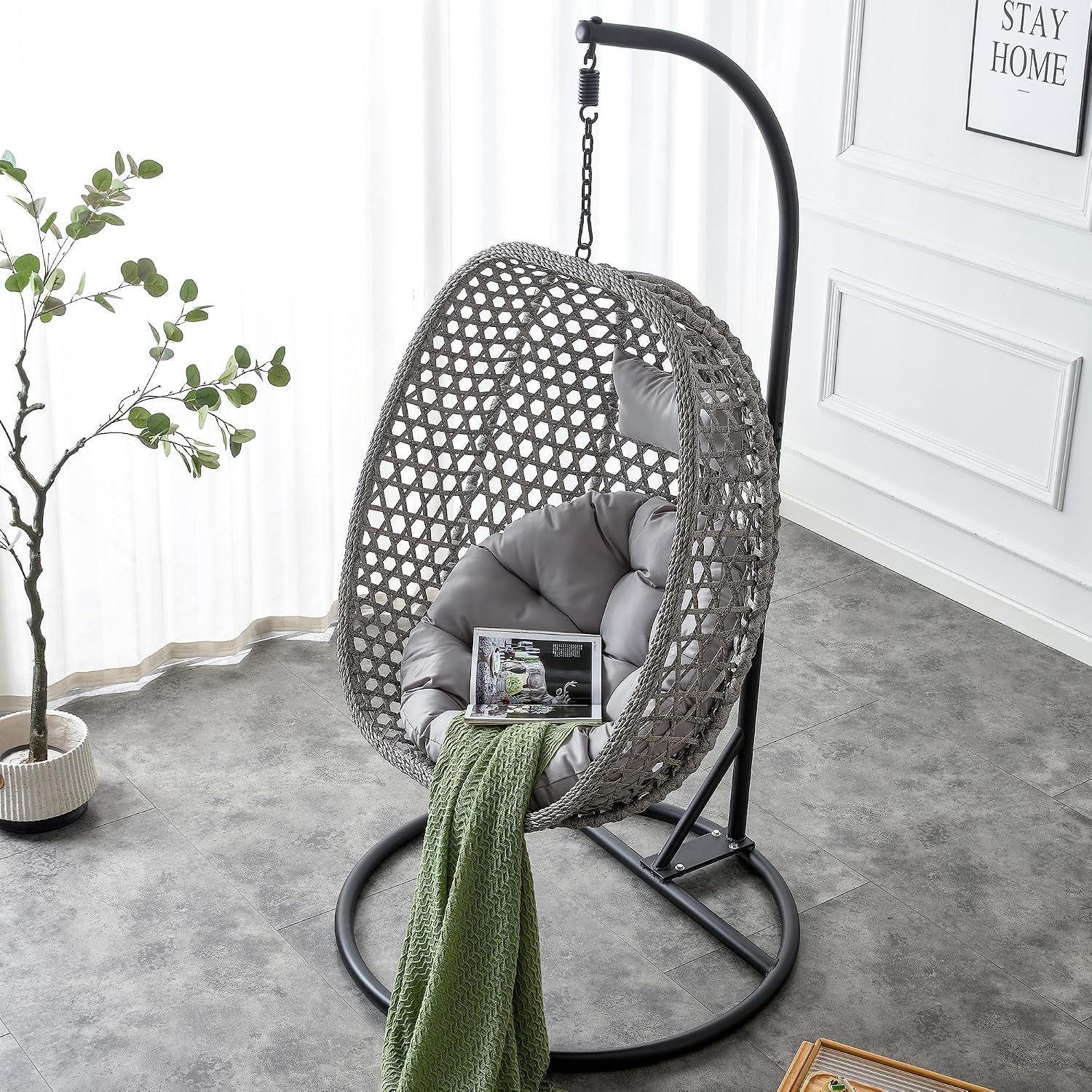 Egg Swing Chair Outdoor with Stand, Swinging Chair Outdoor,Hanging Egg Chairs with Cushion and Pillow, Foldable Basket and Metal Stand for Porch, Patio, Bedroom, Balcony (Grey)