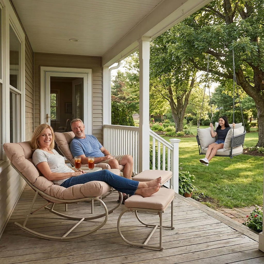 Outdoor Rocking Chairs Set of 2, Modern Papasan Rocking Chairs with Cushions, Upholstered Patio Rocking Chairs with Foot Rest, Cozy Metal Outdoor Lounge Rockers Recliner for Indoor, Khaki