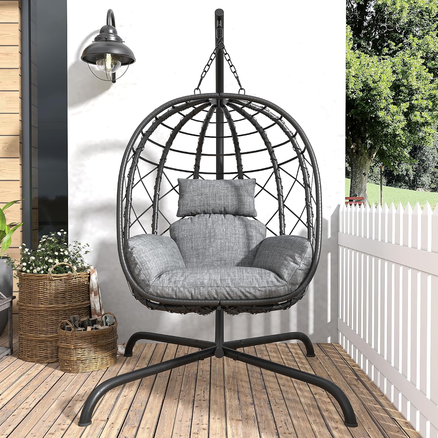Hanging Egg Chair with Stand Patio Wicker Rattan Swing Chair Hammock Egg Chair for Indoor & Outdoor 400lbs Capacity with Thickened Cushion for Bedroom Balcony Garden