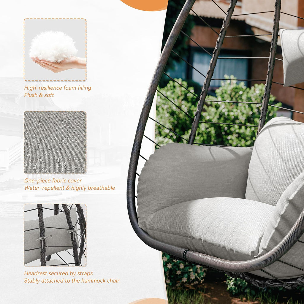 Outdoor Hanging Egg Chair with Stand,Patio Wicker Swing Egg Chair Hammock Chair with UV Resistant Cushion,All-Weather 485lbs Capacity for Bedroom,Balcony,Garden,Beige