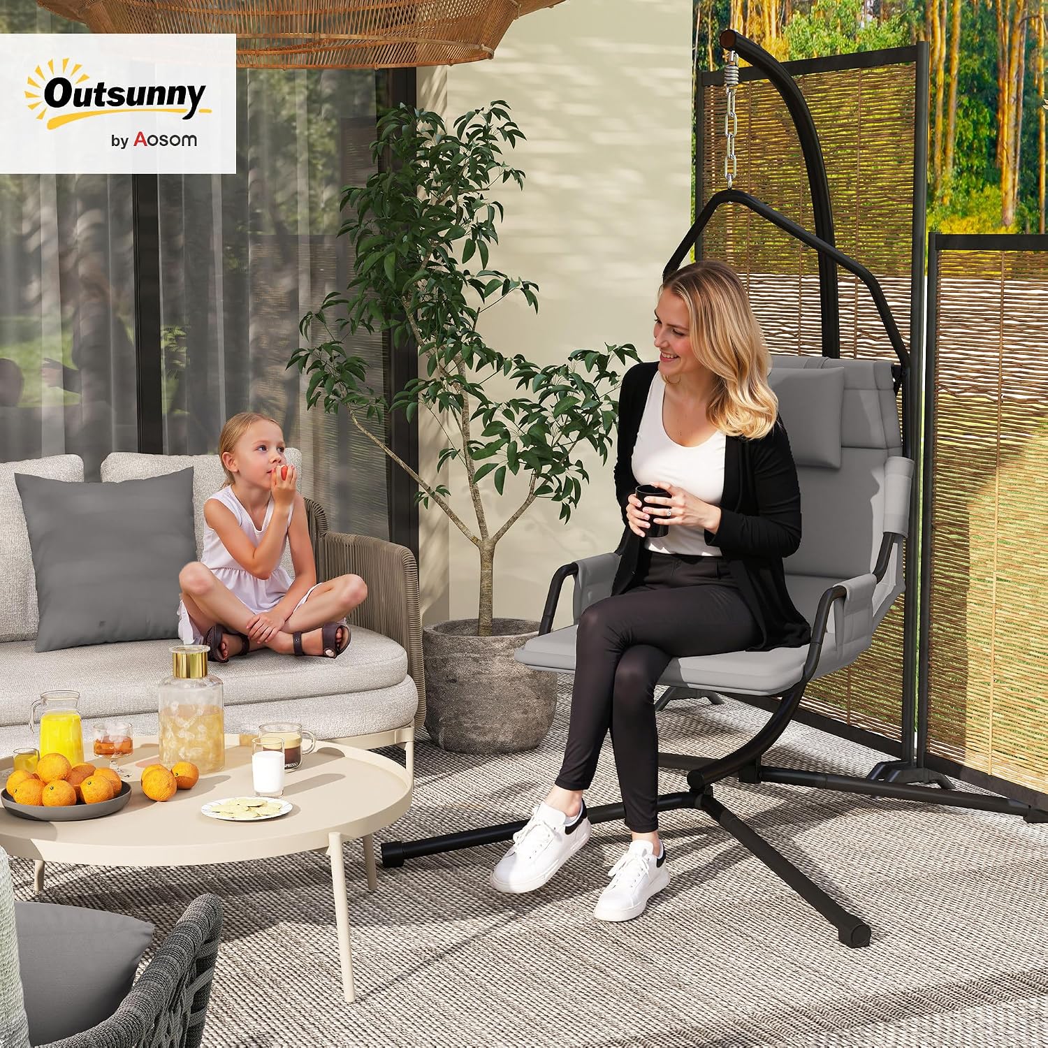 Outsunny Hammock Chair with Stand, Hammock Swing with PA Coating Oxford Fabric Cushion, Indoor Outdoor Hanging Chair with Chain, Steel Frame for Bedroom, Patio, Balcony, Gray