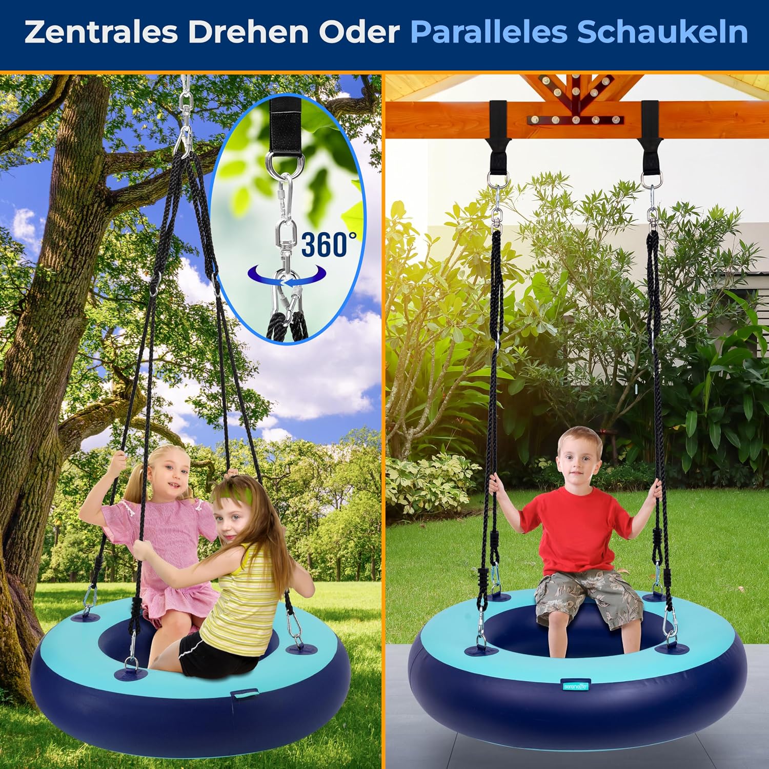 SereneLife 36' Inflatable Tire Swing with Hang Kit, 600lbs Capacity Heavy Duty Tire Swing with UV and Puncture Resistance, 360 Swivel, Hand Pump, Adjustable Ropes, Carry Bag, Hangs on Trees and Posts