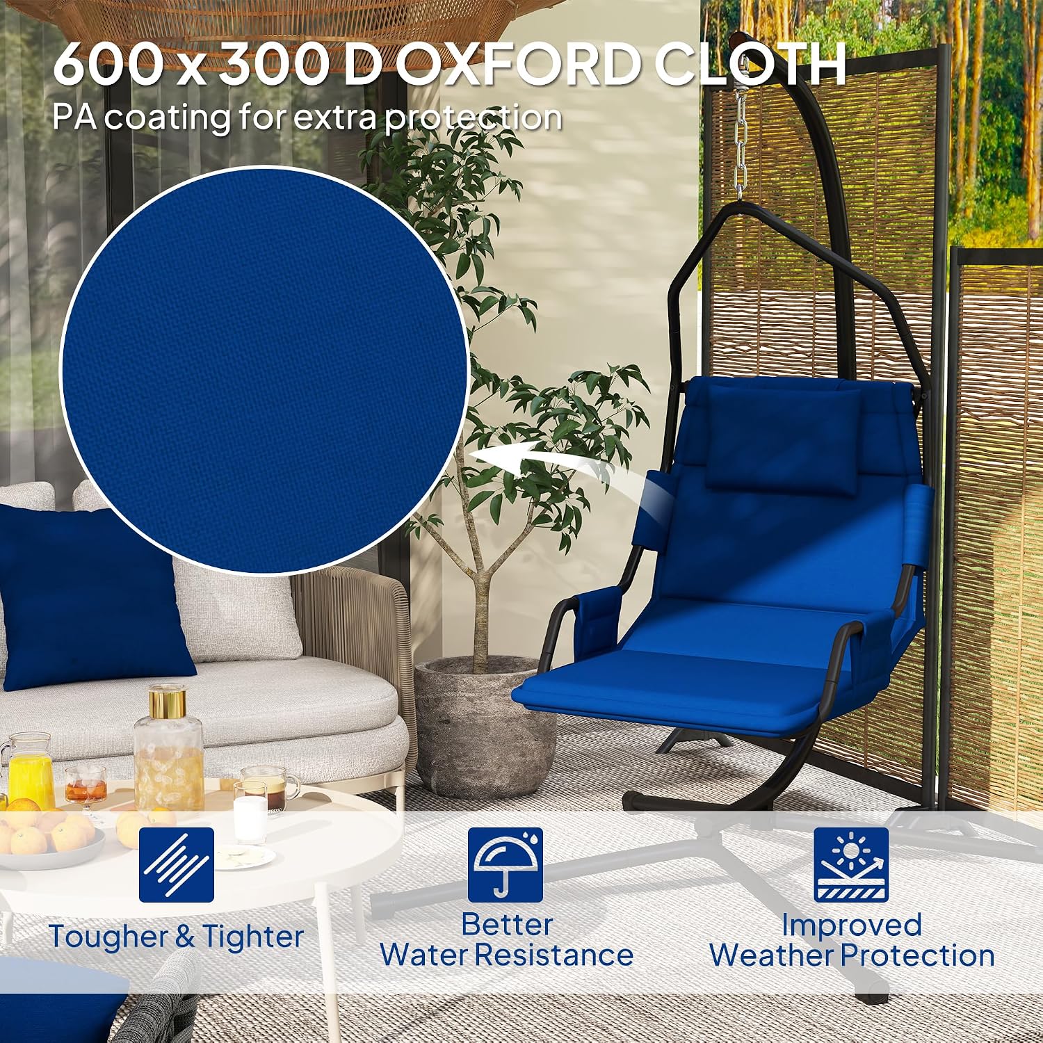 Outsunny Hammock Chair with Stand, Hammock Swing with PA Coating Oxford Fabric Cushion, Indoor Outdoor Hanging Chair with Chain, Steel Frame for Bedroom, Patio, Balcony, Dark Blue
