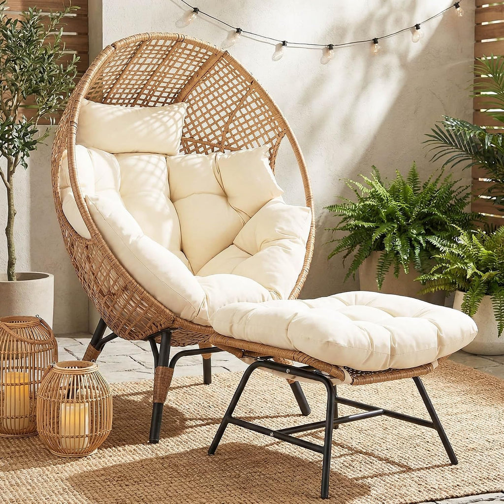 NICESOUL® Indoor Outdoor Egg Chair w/Ottoman, Huge Extra Large Eggshell Papasan Chair w/Cushion, Water & UV-Resistant Patio Lounge Chair w/Cover, Outside Reading Chair for Backyard, Porch, Beige