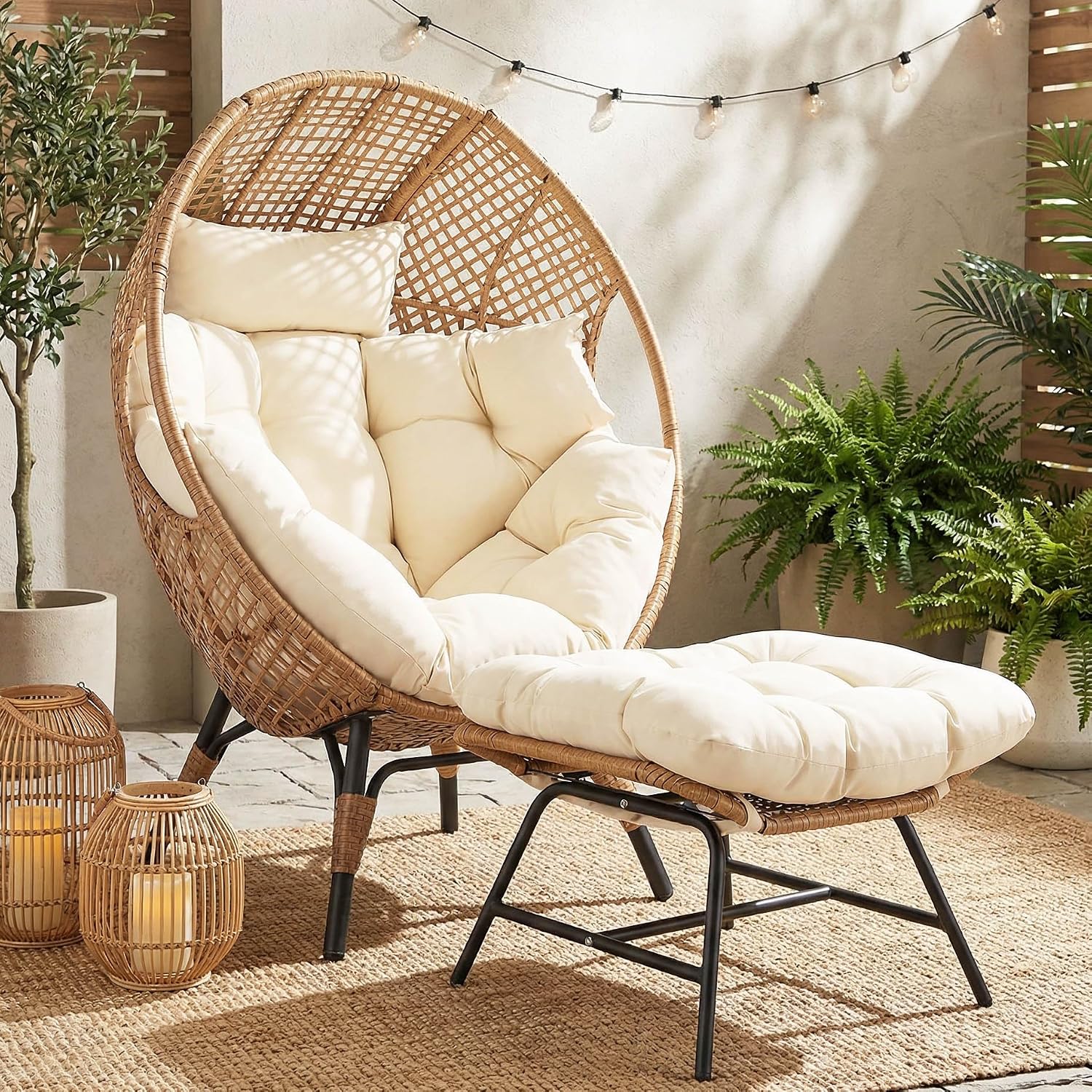 NICESOUL® Indoor Outdoor Egg Chair w/Ottoman, Huge Extra Large Eggshell Papasan Chair w/Cushion, Water & UV-Resistant Patio Lounge Chair w/Cover, Outside Reading Chair for Backyard, Porch, Beige