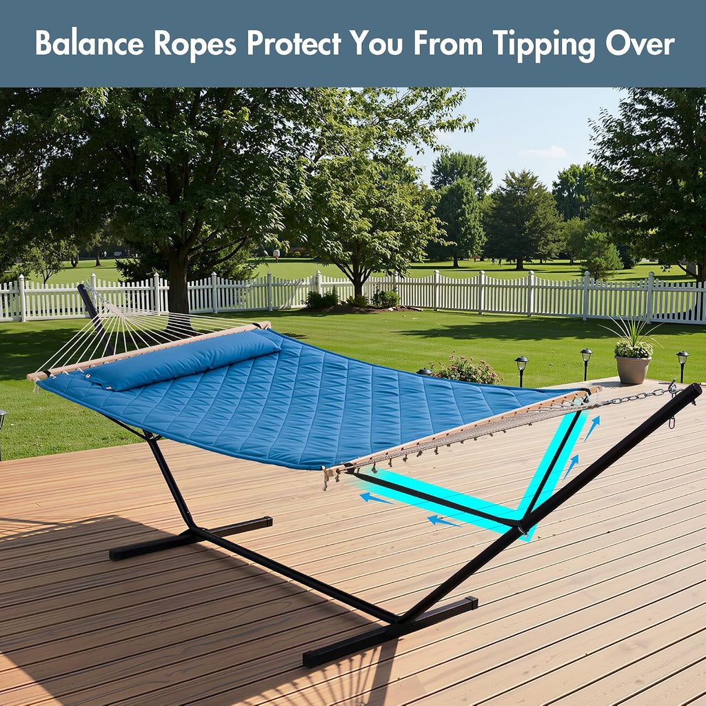 ANOW Double Hammock with 12 Feet Heavy Duty Steel Stand Combo, 2 Person Quilted Hammock with Stand for Outside, 450 LBS Weight Capacity, Blue