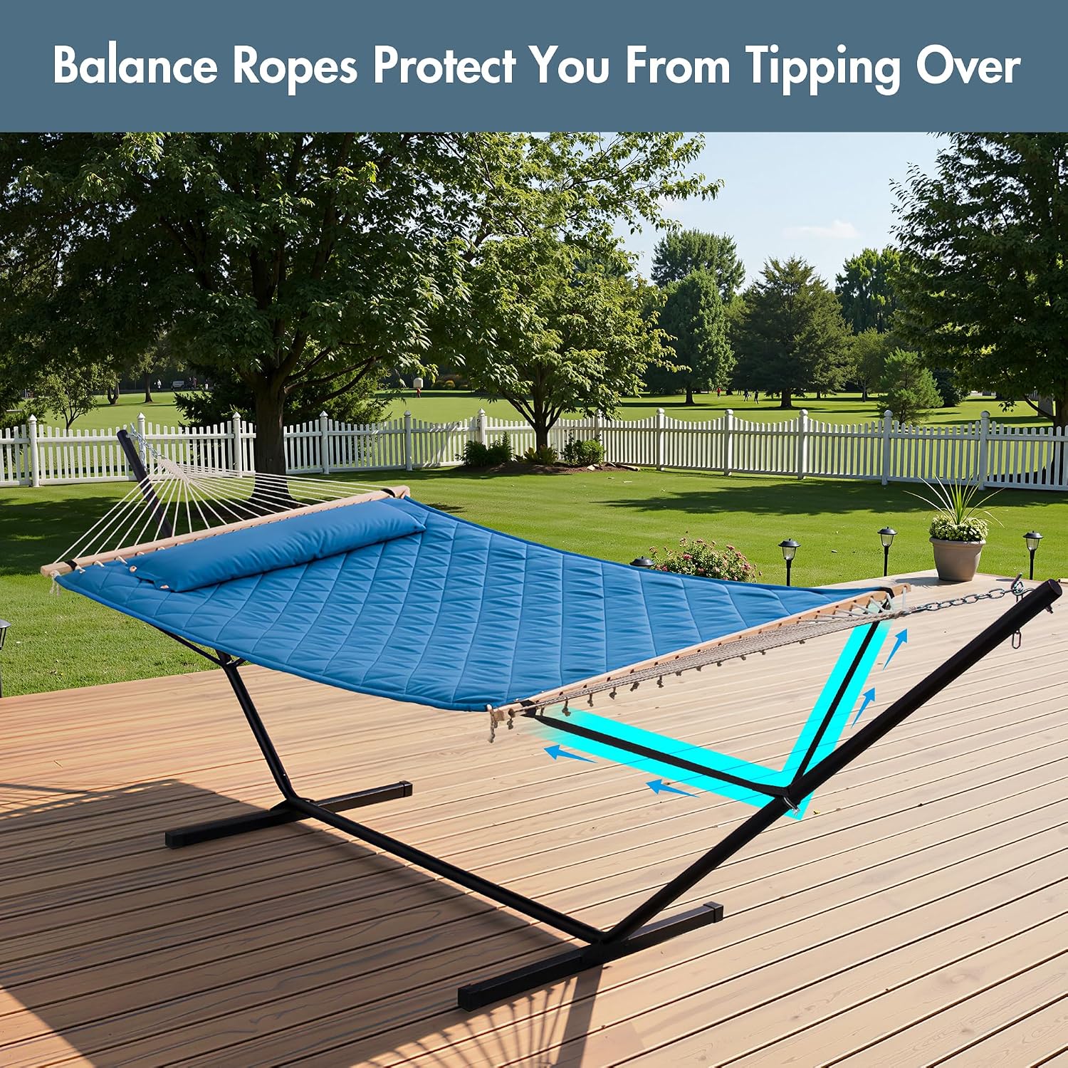 ANOW Double Hammock with 12 Feet Heavy Duty Steel Stand Combo, 2 Person Quilted Hammock with Stand for Outside, 450 LBS Weight Capacity, Blue