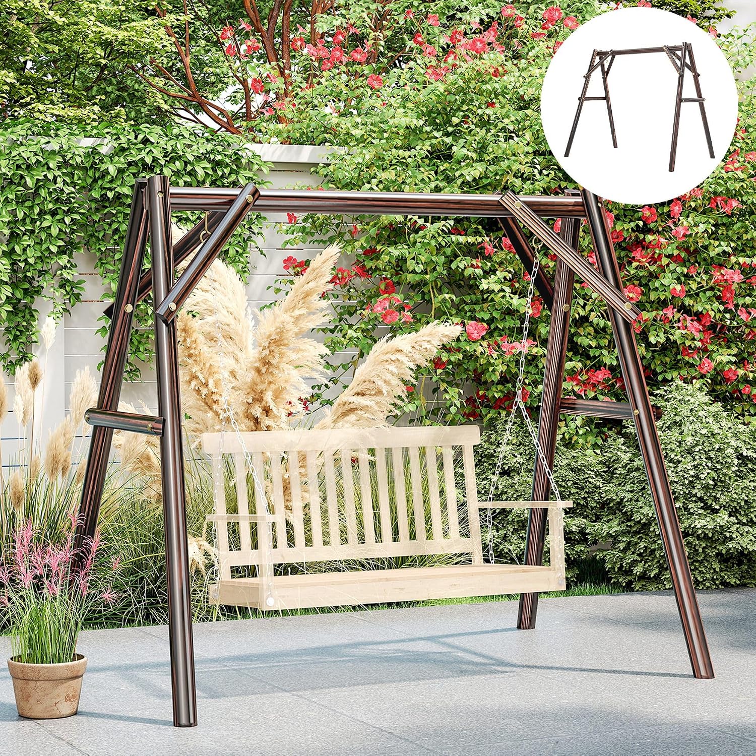 Outsunny 660 lbs Porch Swing Frame, Heavy Duty A-Frame Wooden Swing Stand for DIY Painting, Freestanding Hanging Chair Stand Only for Porch, Lawn, Garden, Backyard, Carbonized
