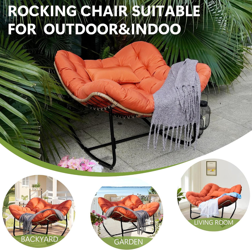 Papasan Rocking Chair, Oversized Papasan Chair with Cushion and Frame for Indoor& Outdoor, Deep Seat Egg-Shaped Rocker Chair for Garden, Deck, Living Room, Orange