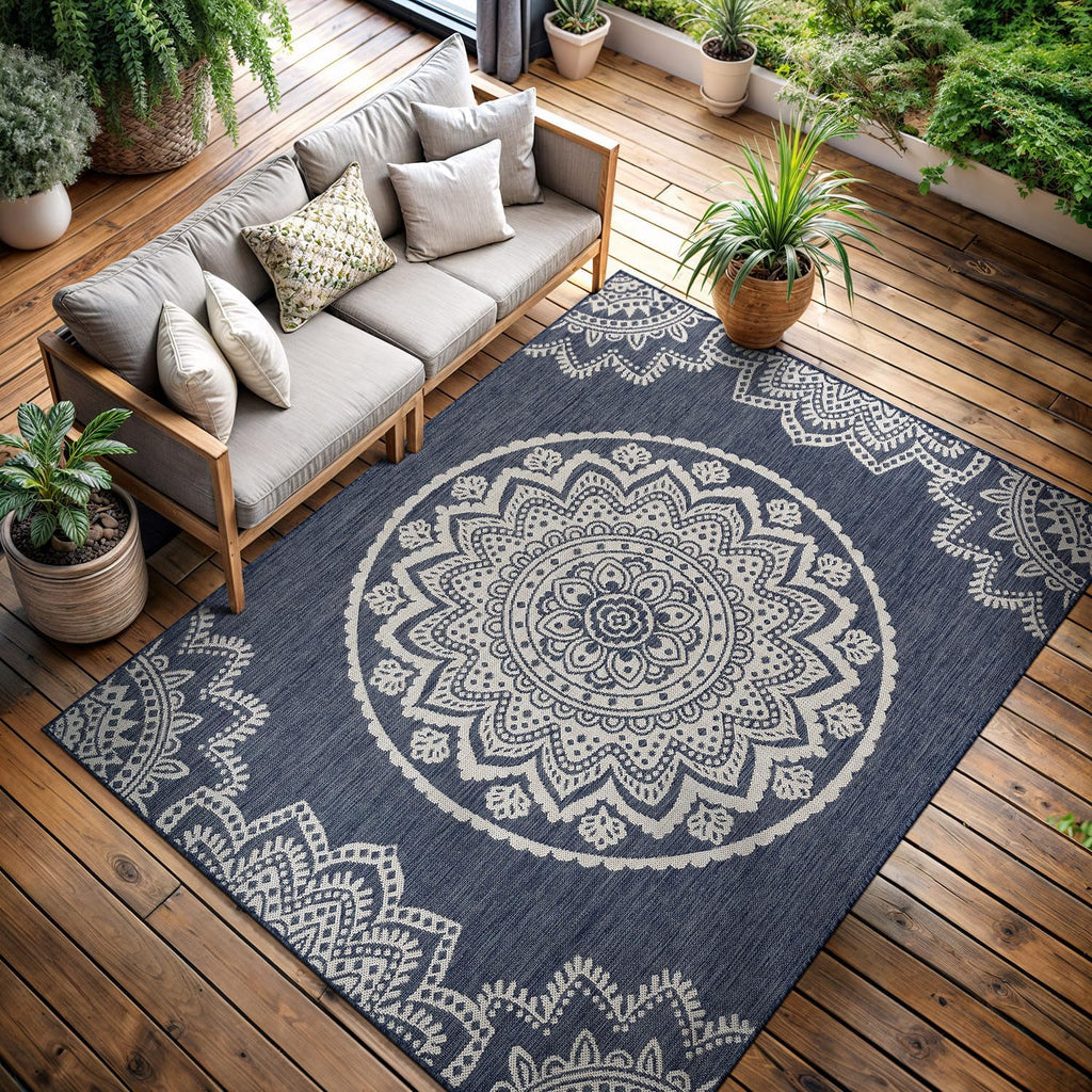 CAMILSON Outdoor Rug 9x12 Modern Area Rugs for Large Indoor and Outdoor Patios and Porches - Waterproof Washable Non-Shedding, Easy-to-Clean Outside Carpet (9 x 12, Medallion - Blue/White)