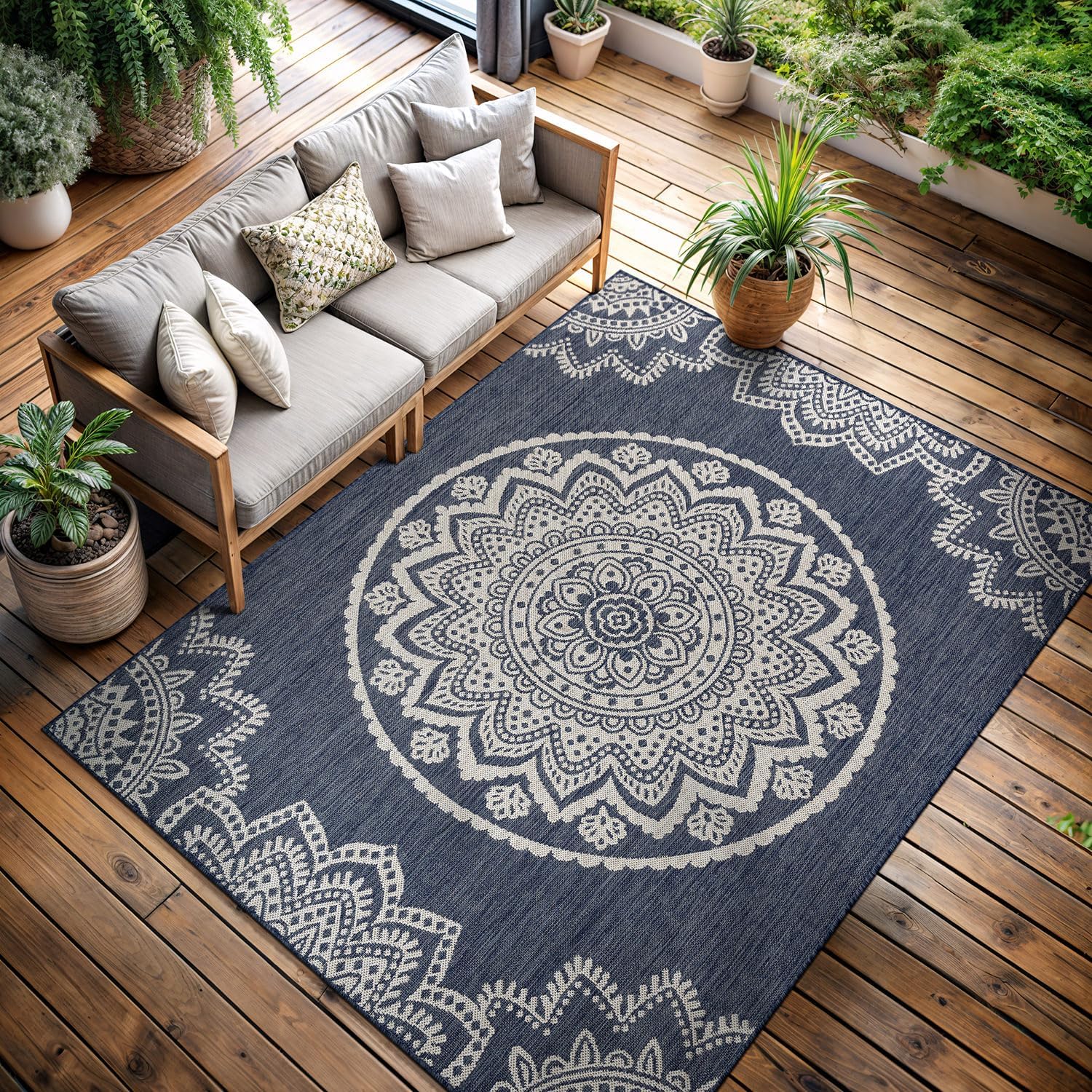 CAMILSON Outdoor Rug 9x12 Modern Area Rugs for Large Indoor and Outdoor Patios and Porches - Waterproof Washable Non-Shedding, Easy-to-Clean Outside Carpet (9 x 12, Medallion - Blue/White)