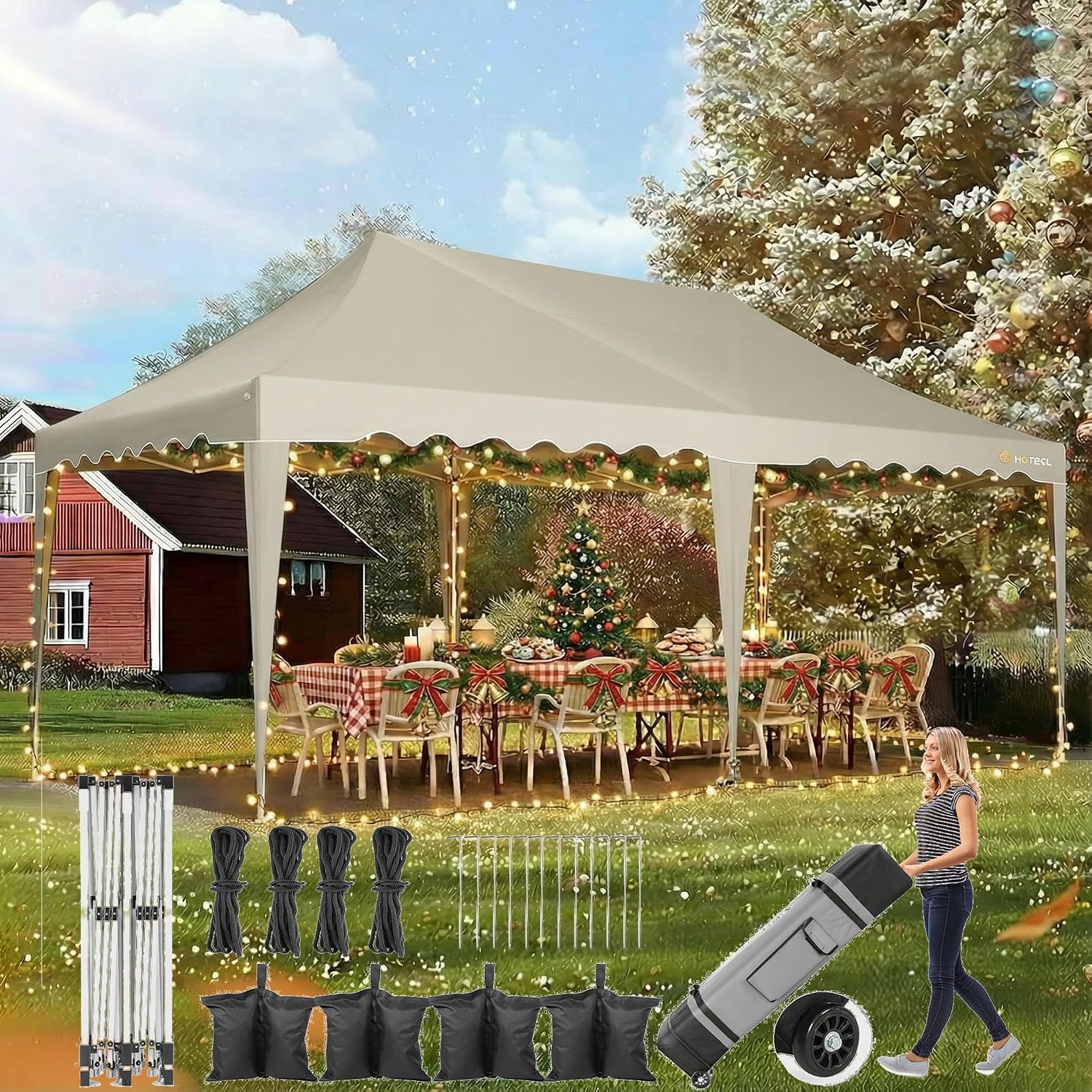 HOTEEL 10x20 Pop up Canopy Tent Without Sidewall Easy Up Commercial Outdoor Wedding Party Tents for Parties All Season Wind & Waterproof Gazebo Roller Bag, Khaki