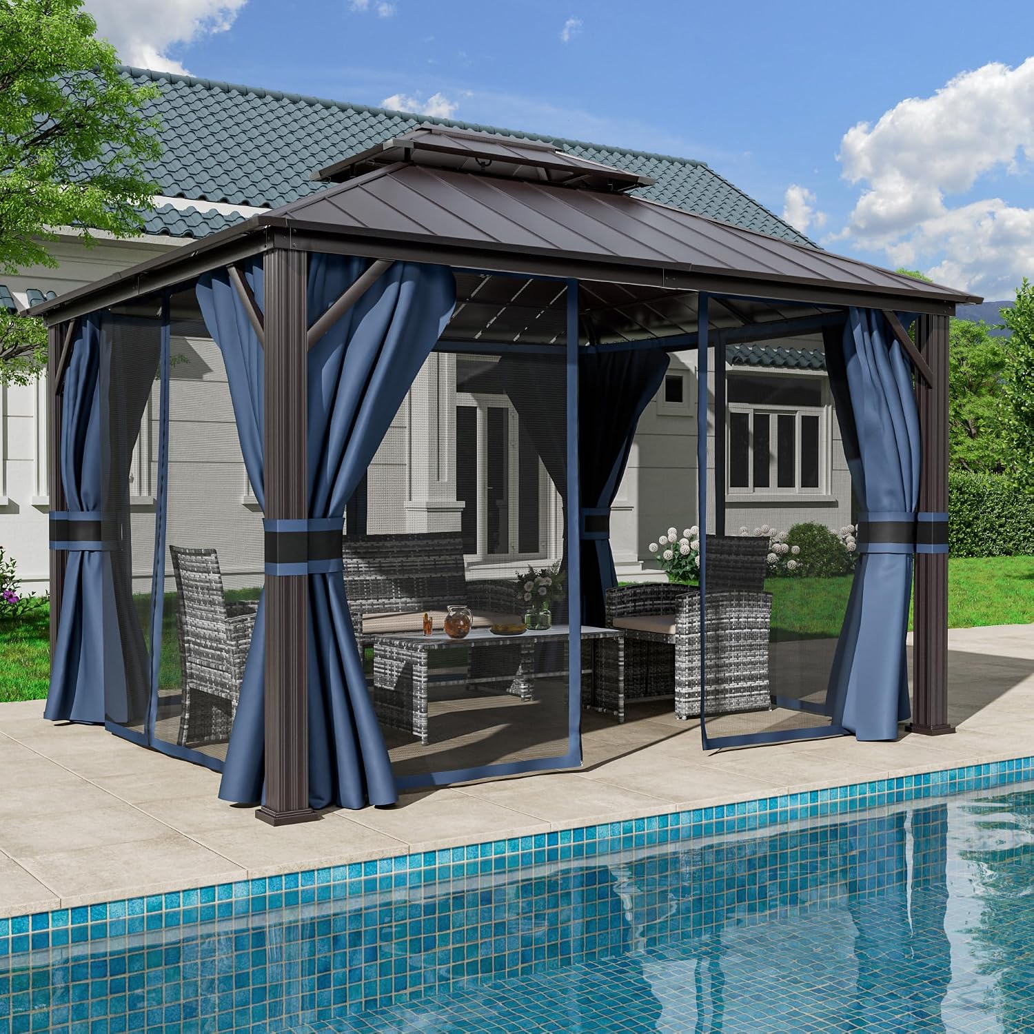 Amopatio 10' X 12' Hardtop Gazebo, Aluminum Gazebo with Double Galvanized Steel Roof, Curtains and Netting Included,Outdoor Metal Pergola for Patios, Garden, Parties, Lawns（Blue