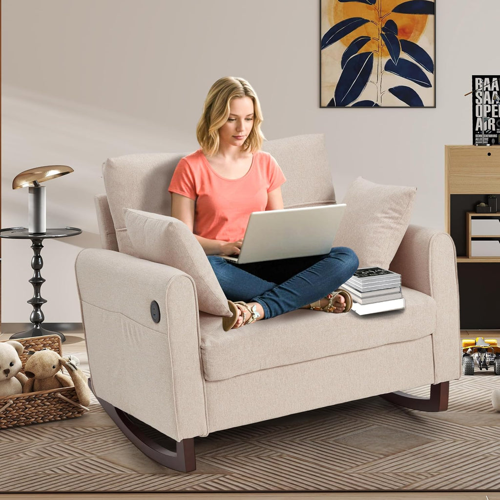 HOMREST Rocking Chair, Upholstered Nursery Rocking Chair with High Back and Side Pocket USB Port, Double Wide Rocker Glider Chairs with Wood Legs for Living Room, Bedroom, Nursery, Beige