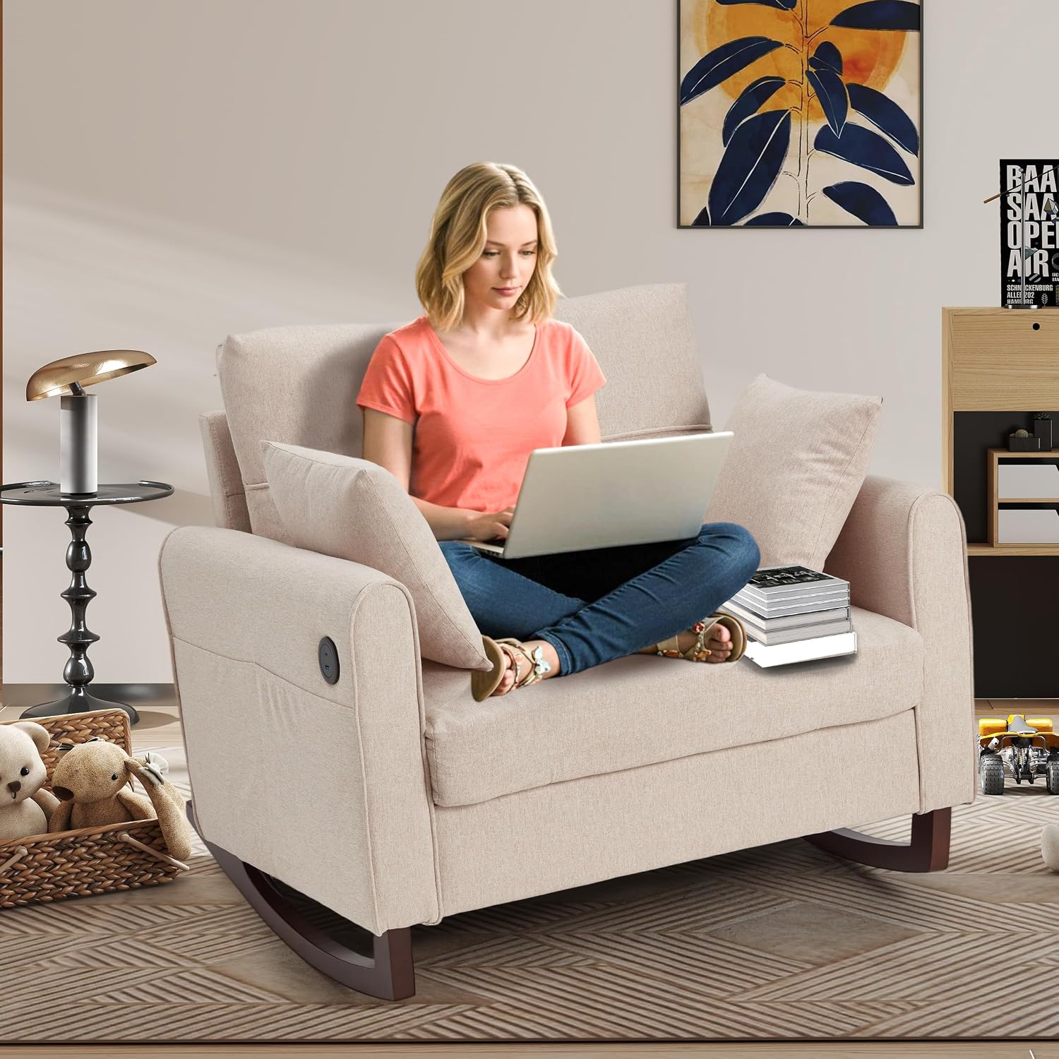 HOMREST Rocking Chair, Upholstered Nursery Rocking Chair with High Back and Side Pocket USB Port, Double Wide Rocker Glider Chairs with Wood Legs for Living Room, Bedroom, Nursery, Beige