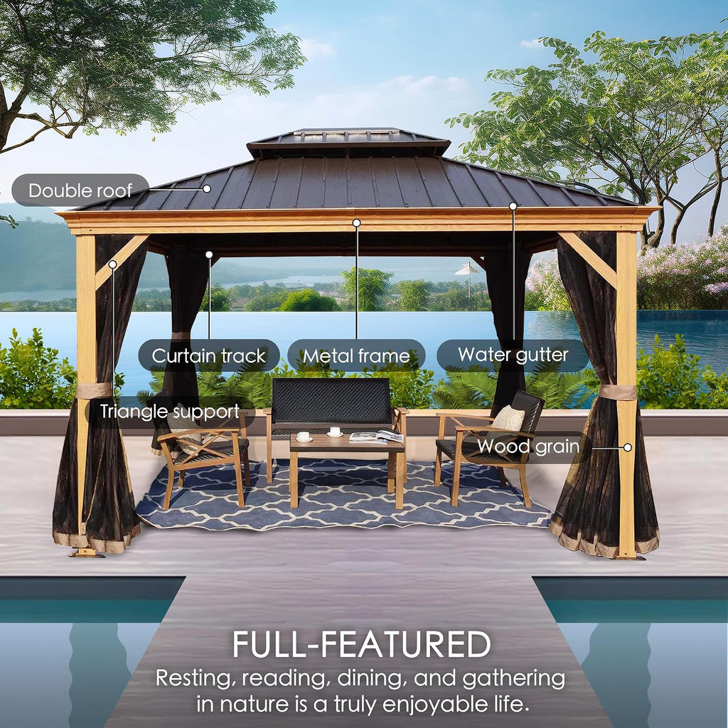 Kozyard Apollo 10'x12' Hardtop Gazebo, Wooden Coated Aluminum Frame Canopy with Galvanized Steel Double Roof, Outdoor Permanent Metal Pavilion with Netting for Patio, Deck and Lawn (10ft x 12ft)