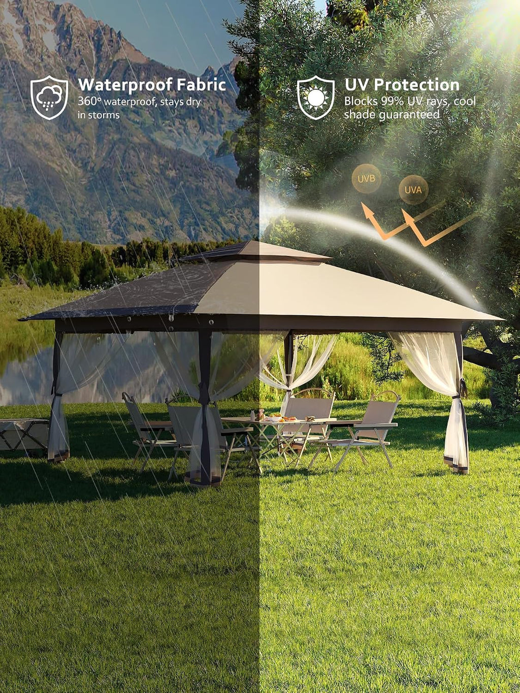 13x13 Pop Up Gazebo, Outdoor Canopy Tent with Mosquito Net, Height Adjustable Canopy Gazebo, Large Shade Tent for Camping, Lawn, Backyard, Garden, Patio