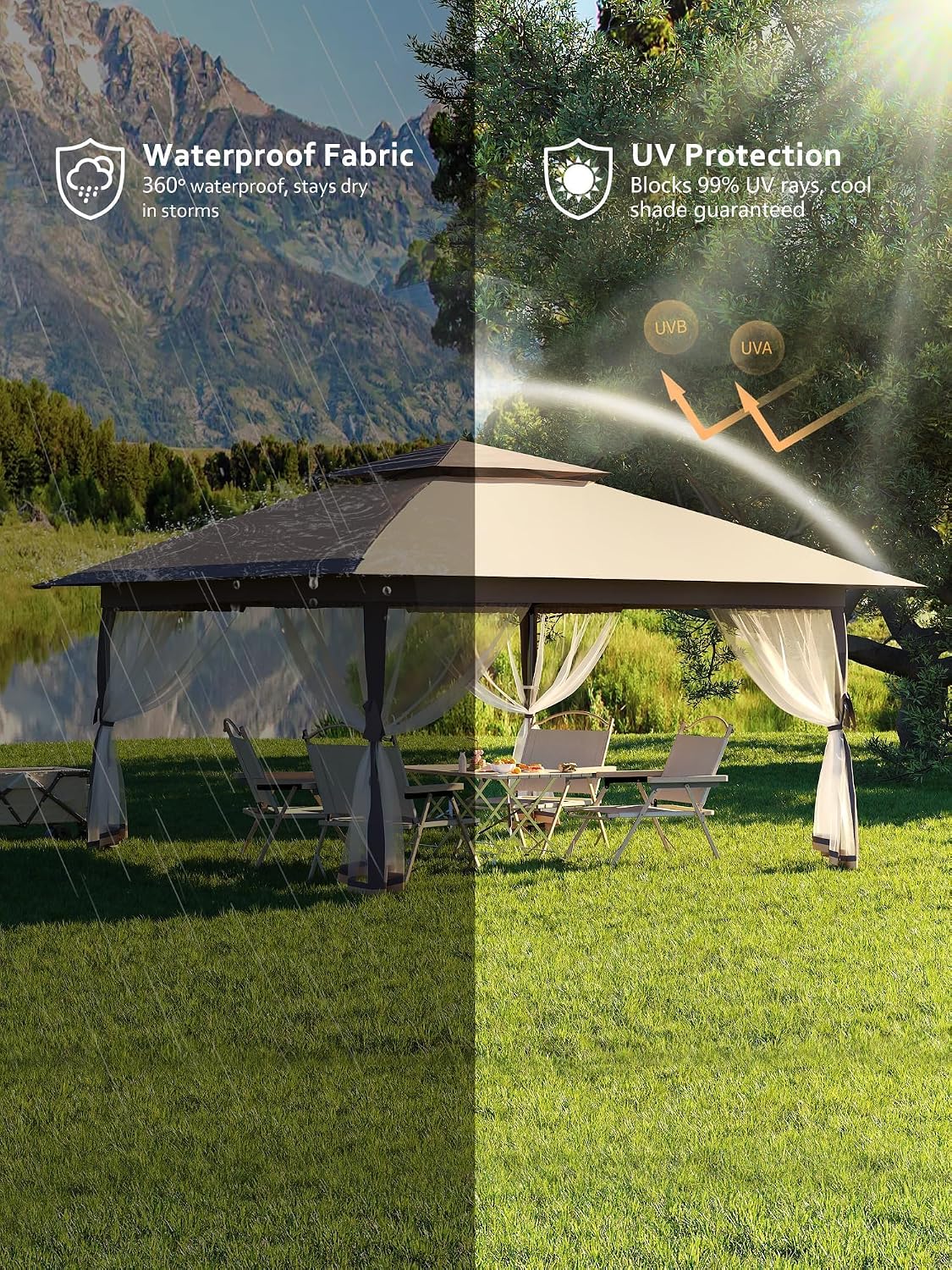 13x13 Pop Up Gazebo, Outdoor Canopy Tent with Mosquito Net, Height Adjustable Canopy Gazebo, Large Shade Tent for Camping, Lawn, Backyard, Garden, Patio