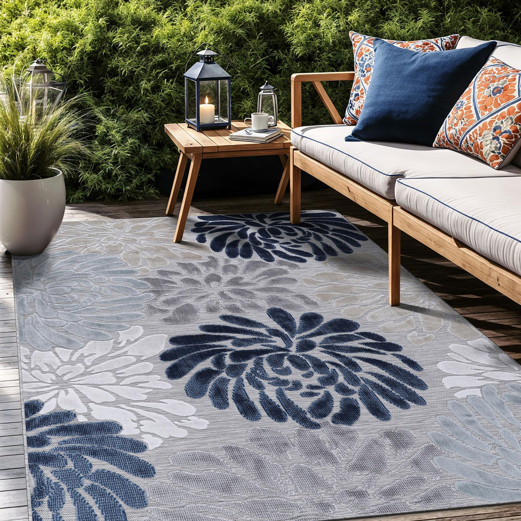 Luul Home Floral Indoor Outdoor Rugs 9x12 Large Area Rug for Living Room, Patio Decor, Kitchen, and Entryway Rug, Washable Stain Resistant Outside Carpet Blue 9 x 12