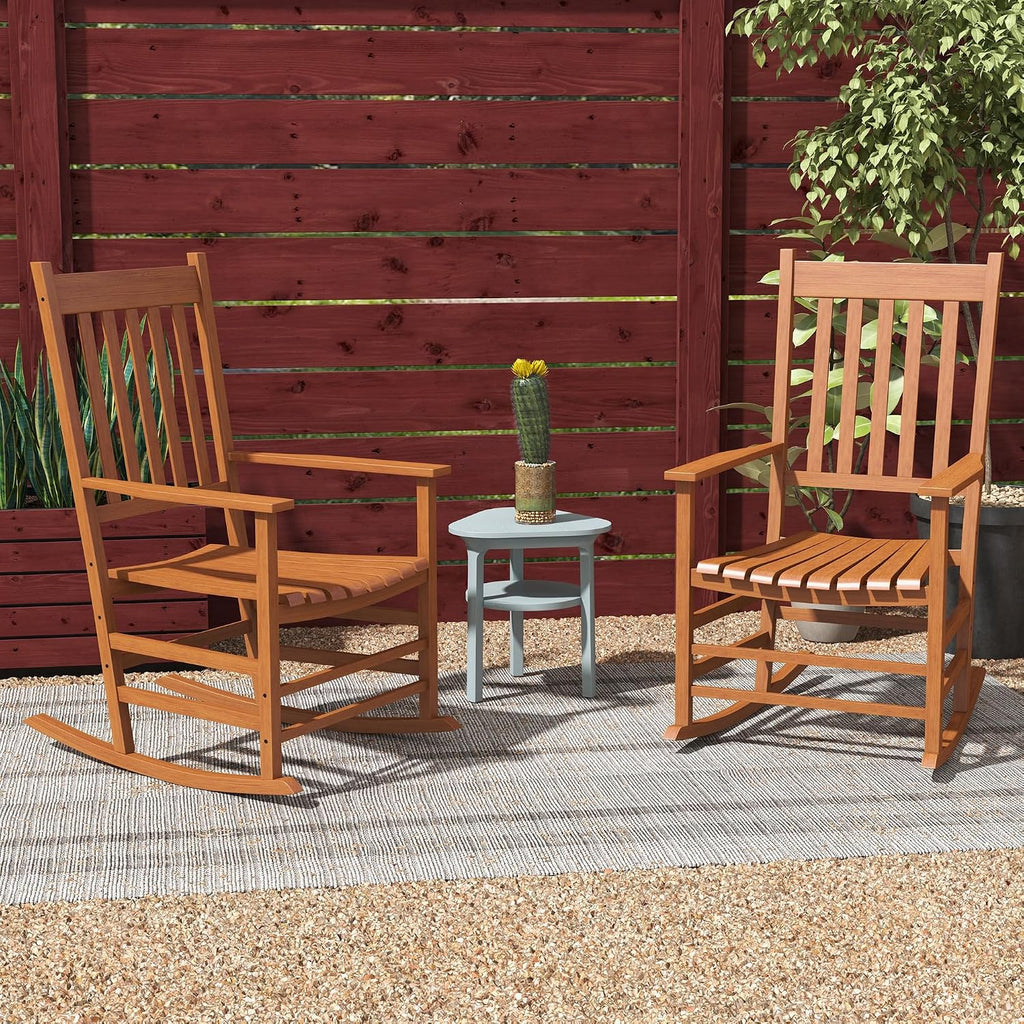 Outsunny Outdoor Rocking Chair Set of 2, Patio Rocking Chair with Smooth Curves, High Density Wooden Rockers for Lawn Garden Porch, Supports Up to 350lbs, Teak