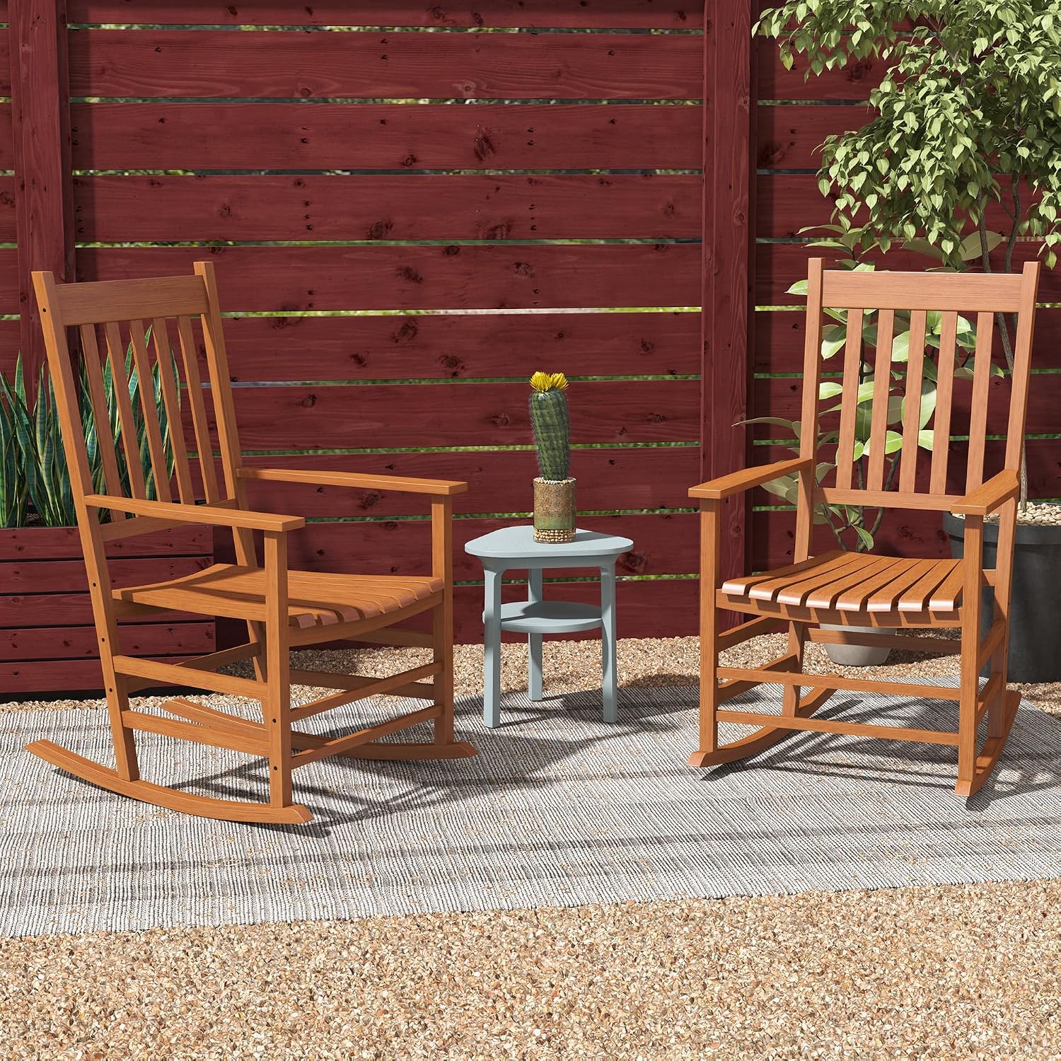 Outsunny Outdoor Rocking Chair Set of 2, Patio Rocking Chair with Smooth Curves, High Density Wooden Rockers for Lawn Garden Porch, Supports Up to 350lbs, Teak