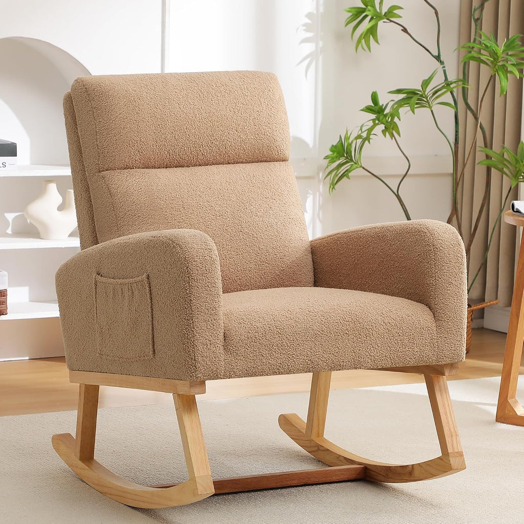 HCHAIRH Rocking Chair Nursery, Sherpa Nursing Rocking Chairs, Upholstered Nursery Glider Rocker for Mom Nursery Morden Accent Rocking Chair with Side Pocket for Living Room,Bedroom,Teddy Camel