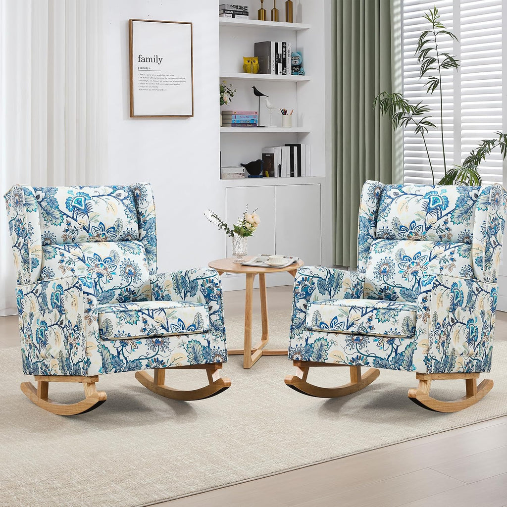 HCHAIRH Nursery Rocking Chairs, Rocking Chair Nursery for Mom Nursery Rocker with High Backrest and Solid Wood Legs, Modern Wingback Accent Chairs Set of 2 for Reading Living Room Bedroom, Blue Floral