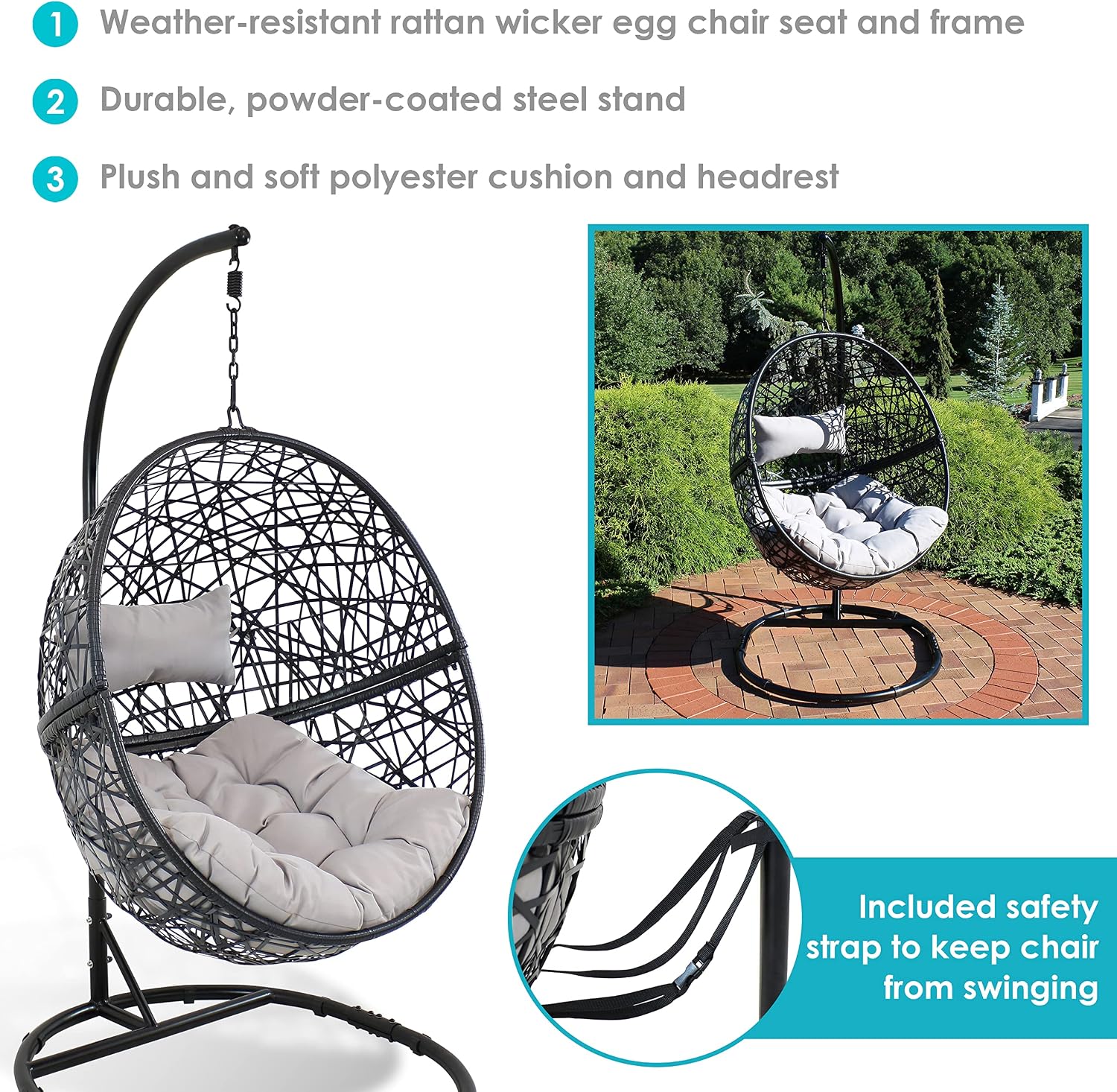 Sunnydaze Jackson Resin Wicker Hanging Egg Chair with Steel Stand - 265-Pound Weight Capacity - Includes Gray Cushions