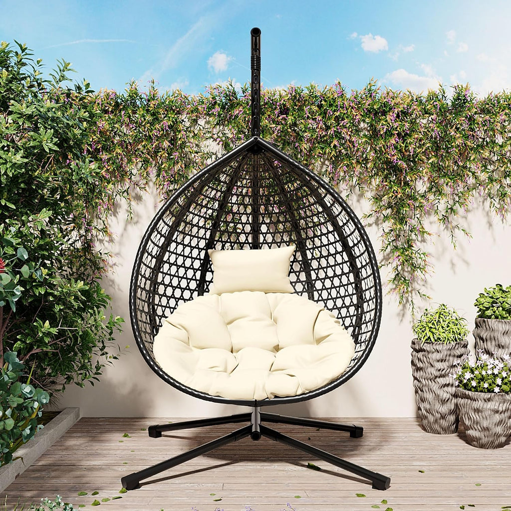 Hanging Egg Chair with Stand, Indoor Outdoor Hammock Swing Chair, 330 lbs Capacity, HDPE Rattan, Iron Frame, Removable Cushion, Foldable Design (Black+Beige)