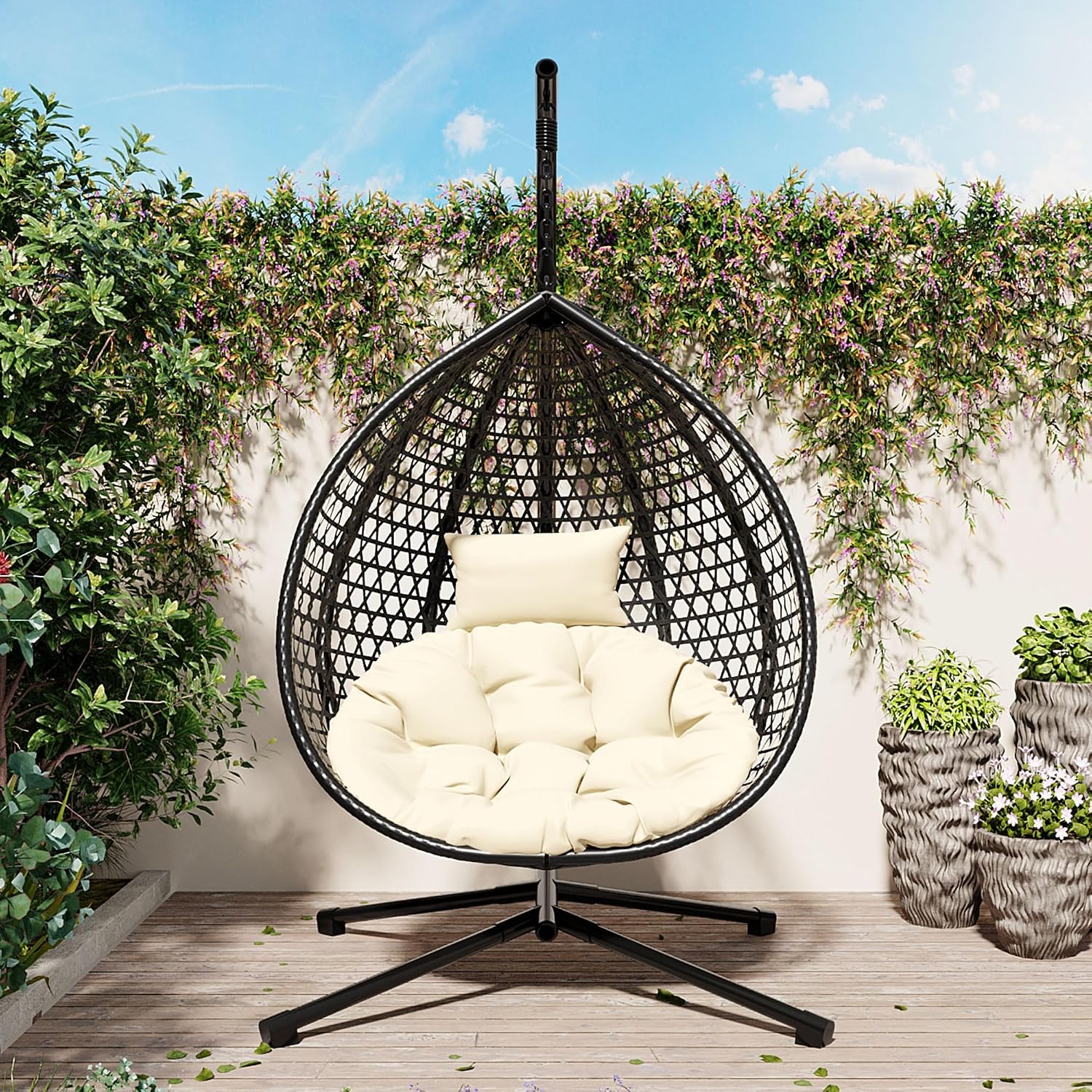 Indoor Outdoor Hammock Chair with Stand, Rattan Egg Hanging Swing Chair with Cushion for Balcony Bedroom Garden (Black+Beige)