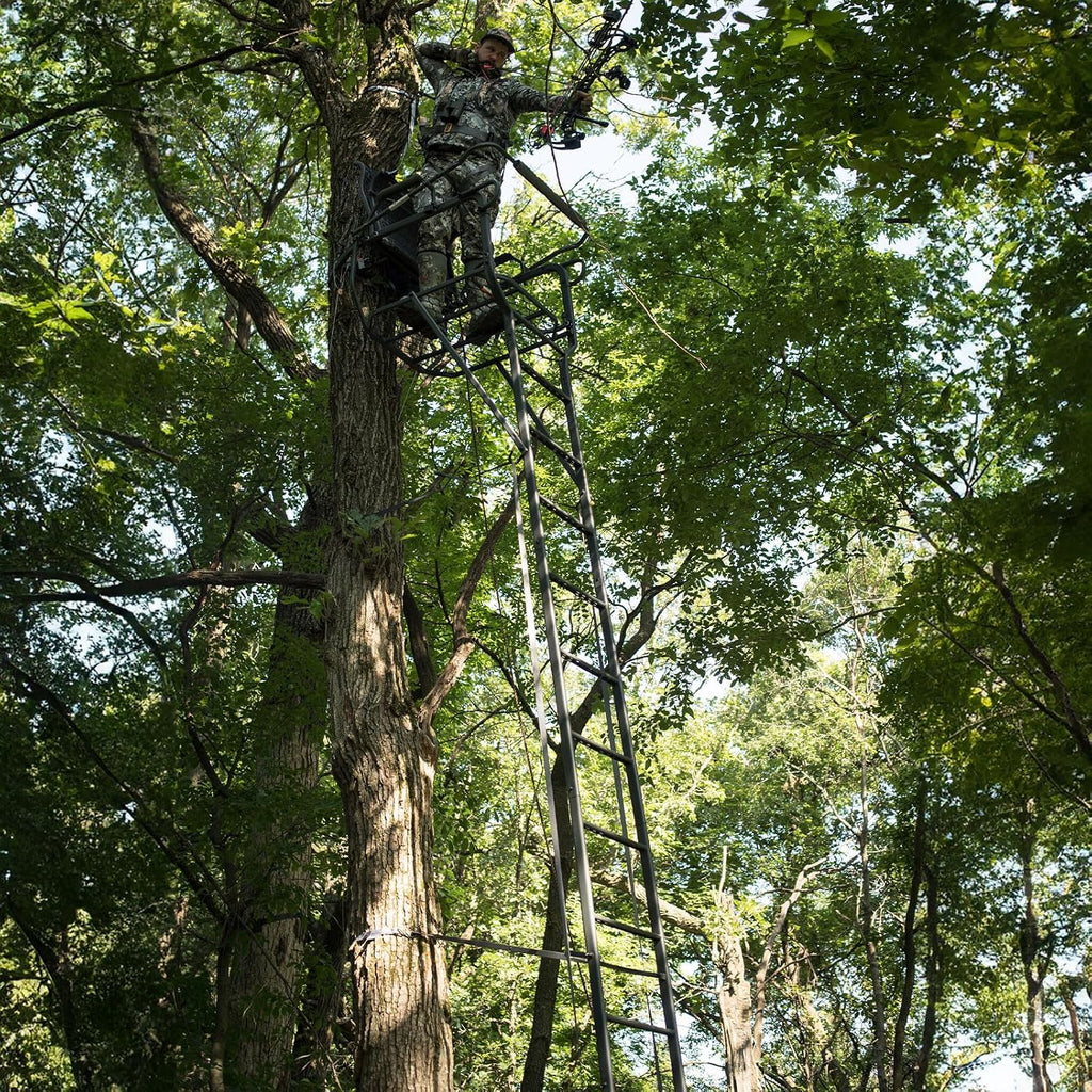 Hawk 21' Sasquatch 1.5-Man Ladder Stand | Durable Hunting Archery Steel 1 Person Tree Stand with Flip Up Chair, Hercules Cross Grip Safety System