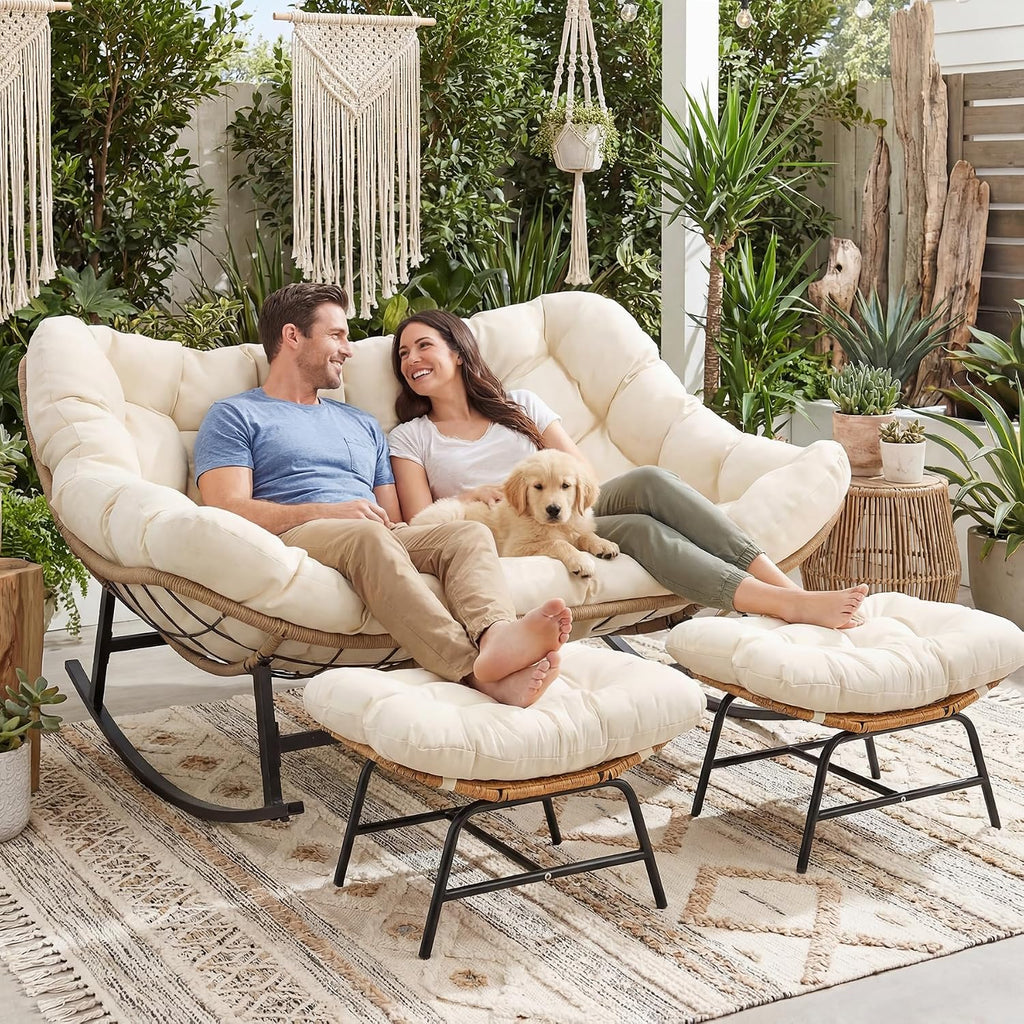 RADIATA Double Egg Rocking Chair with Ottomans, Heavy Duty Papasan Lounger Chairs with Comfy Cushion and Footrest, 2 Person Indoor Outdoor Rocker Loveseat for Patio Balcony Backyard, Beige