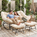 RADIATA Double Egg Rocking Chair with Ottomans, Heavy Duty Papasan Lounger Chairs with Comfy Cushion and Footrest, 2 Person Indoor Outdoor Rocker Loveseat for Patio Balcony Backyard, Beige