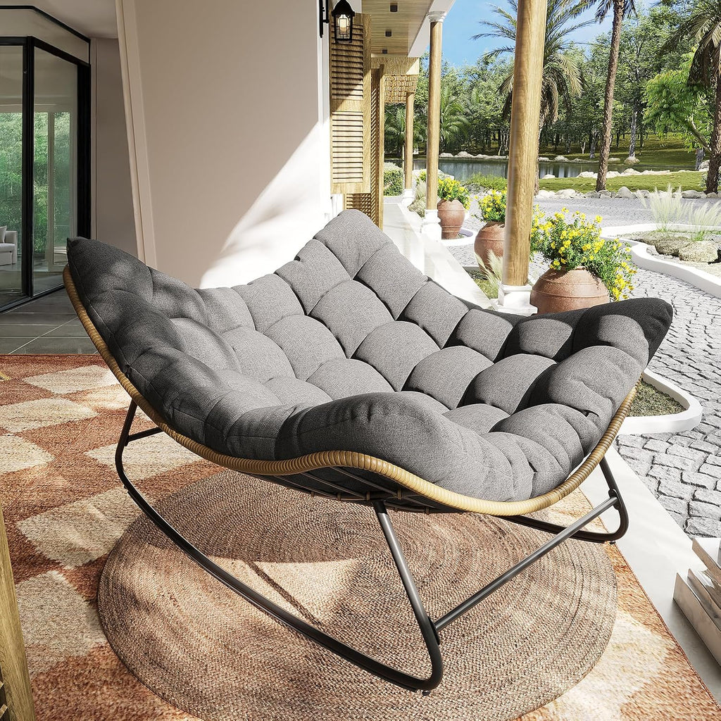 Outdoor Rocking Chair, Indoor Papasan Chair, Oversized Egg Rocking Chair with Thick Cushion, Rattan Wicker Rocker Lounge Chair for Bedroom, Living Room, Patio, Garden, Porch (Dark Grey)
