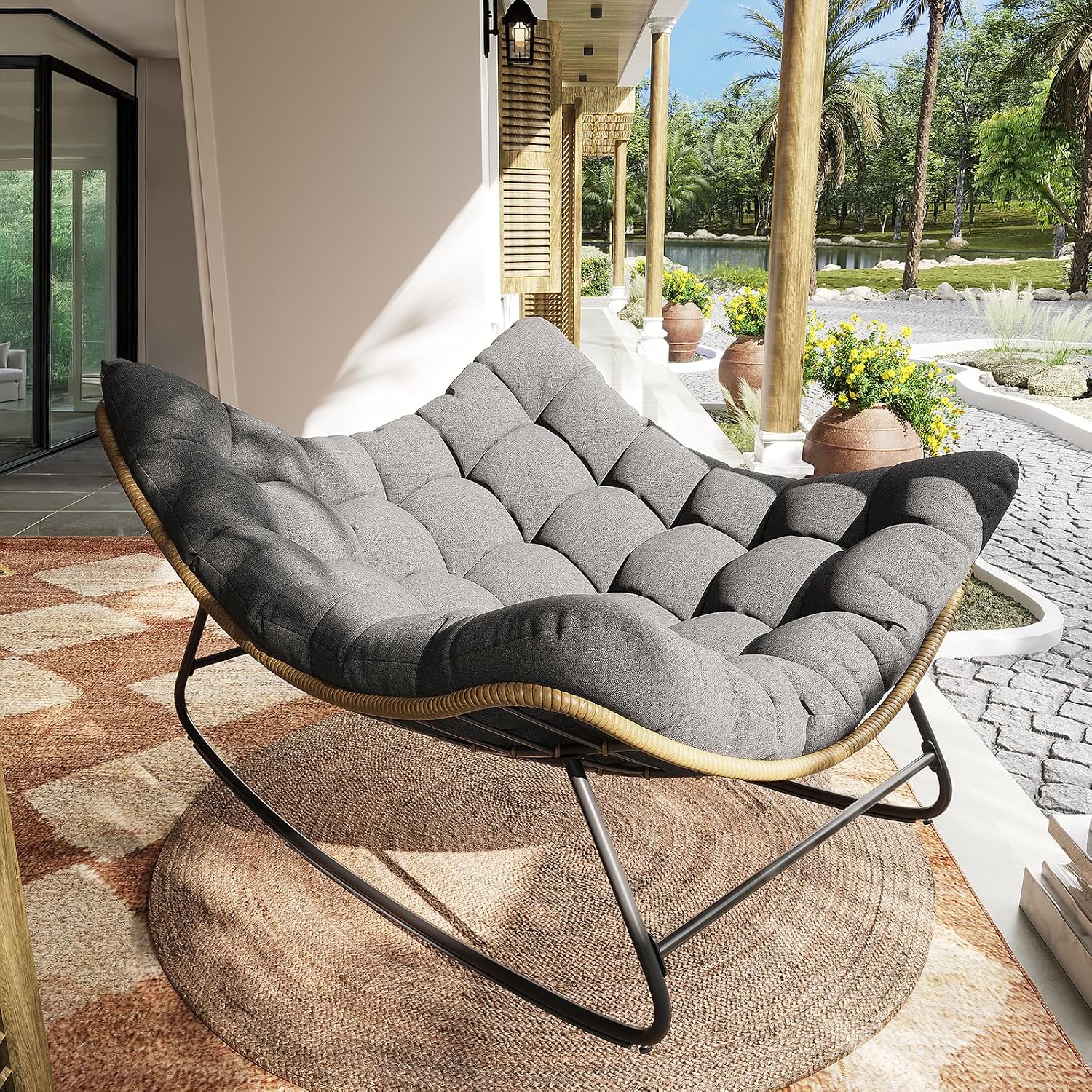 Outdoor Rocking Chair, Indoor Papasan Chair, Oversized Egg Rocking Chair with Thick Cushion, Rattan Wicker Rocker Lounge Chair for Bedroom, Living Room, Patio, Garden, Porch (Dark Grey)